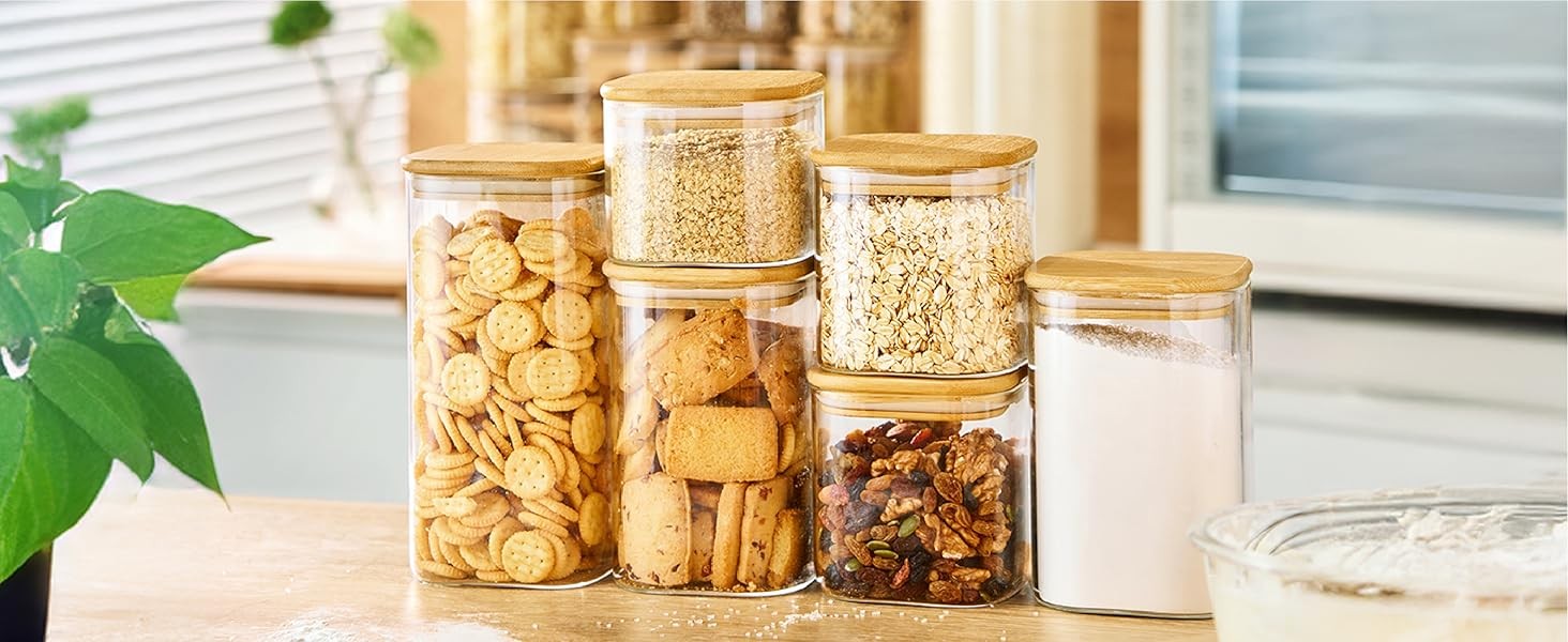 21oz – 4 Pack Square Glass Jars with Bamboo Lids, Glass Food Storage Containers