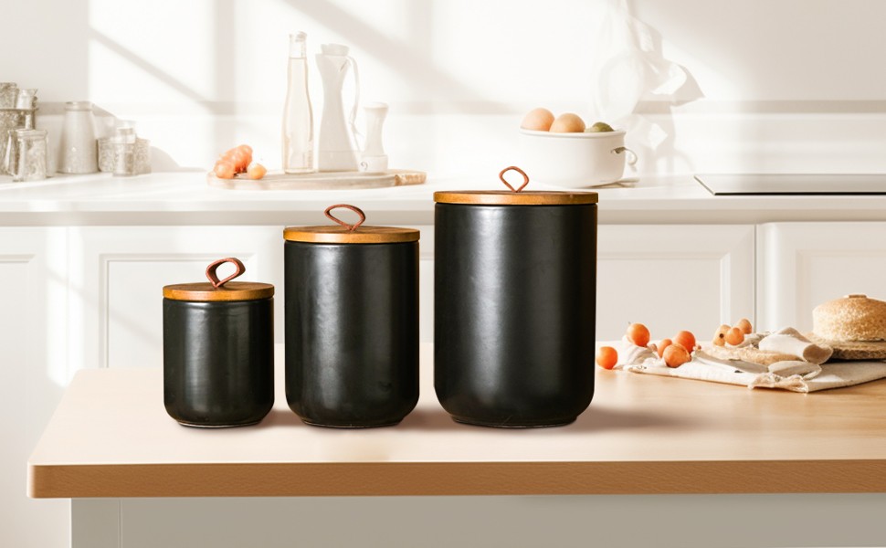 Black Ceramic Canister Set with Wooden Lid, 3-Piece Airtight Food Storage Jars