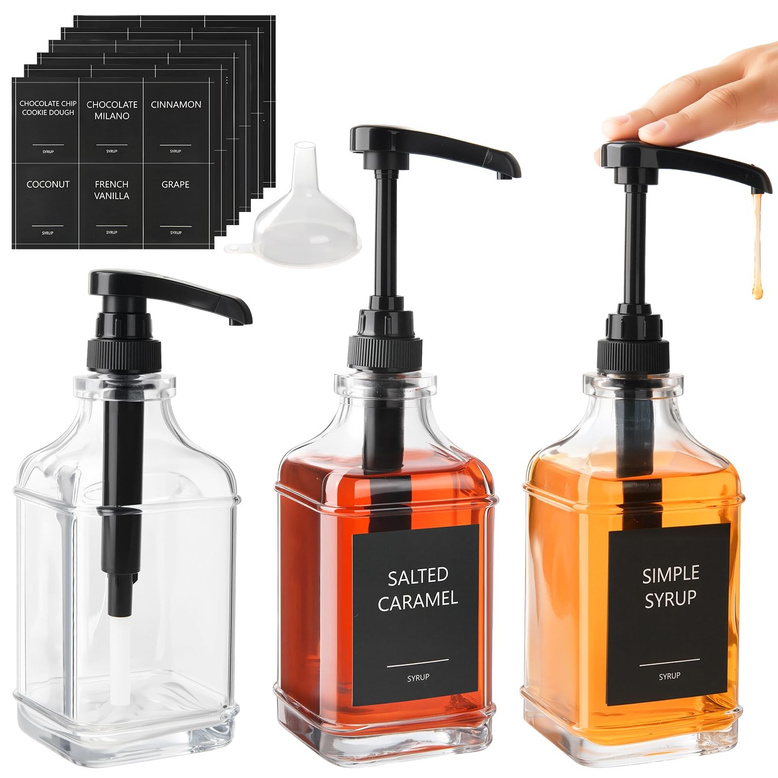 3 Pack 16.9oz (500ml) Glass Coffee Syrup Dispenser with Pump, Syrup Pump Disp…