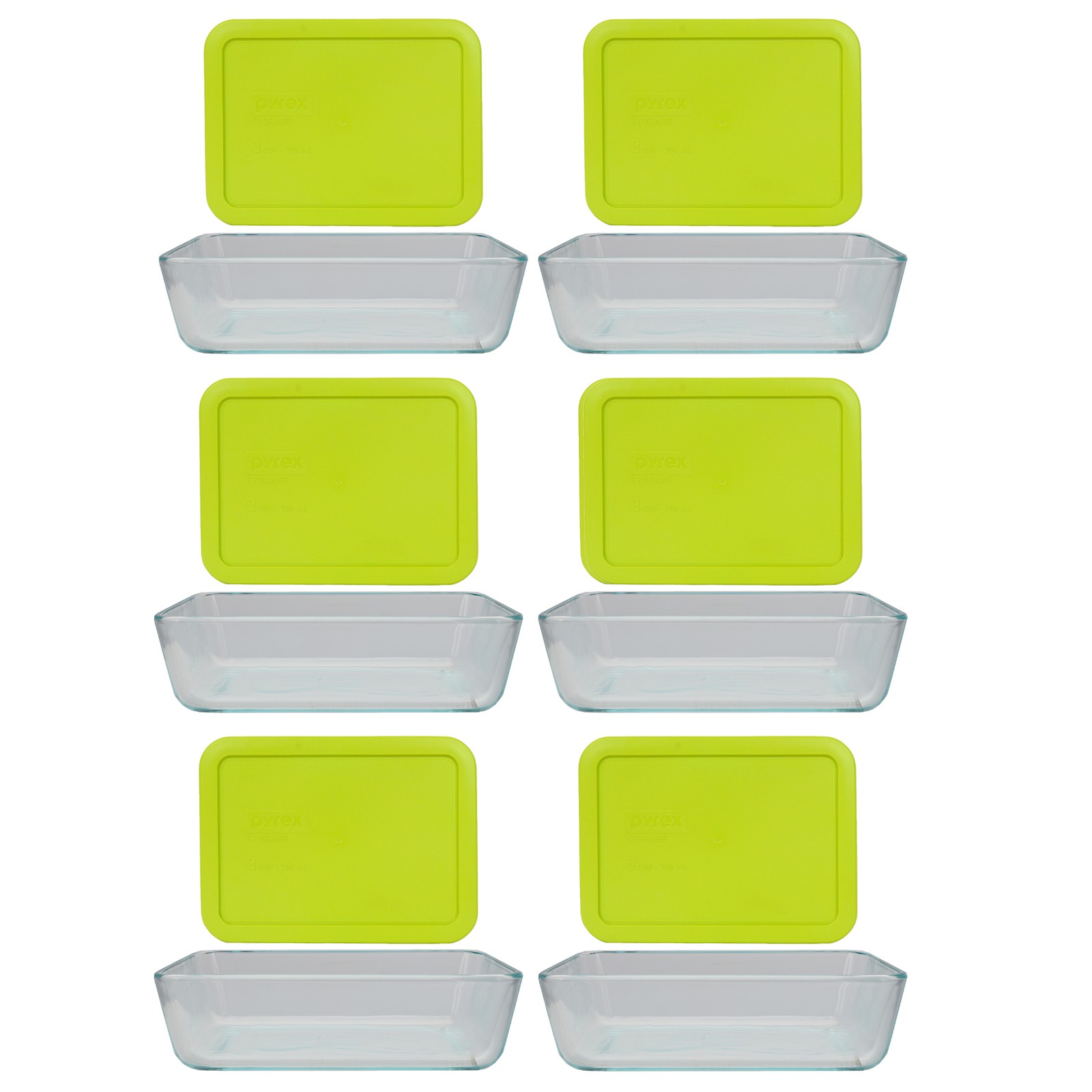 Pyrex (6) 7210 3-Cup Glass Dishes & (6) 7210-PC Green Edamame Lids