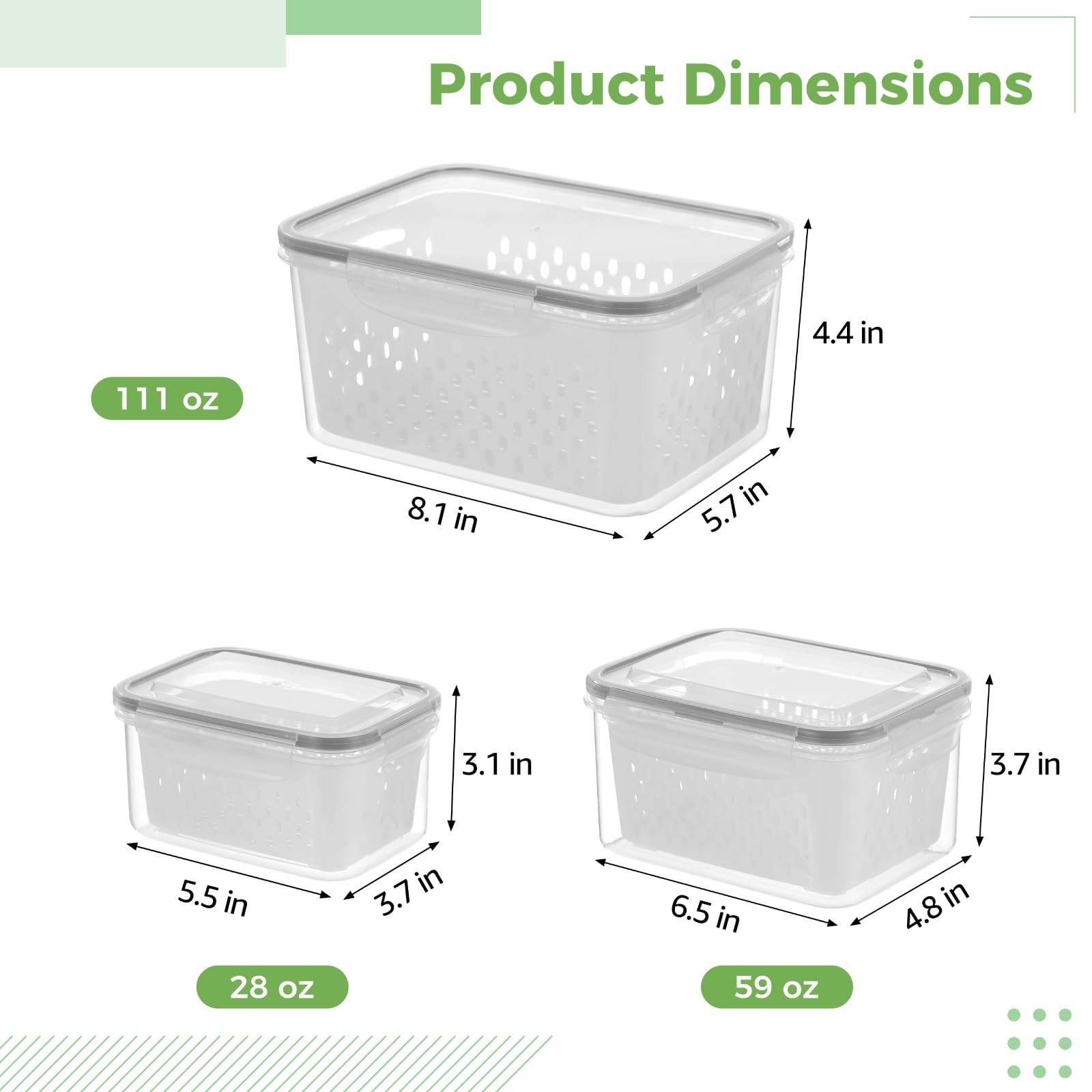 Anjetan 3 Pcs Fruit Storage Containers, Produce Small, Medium, Large, Clear