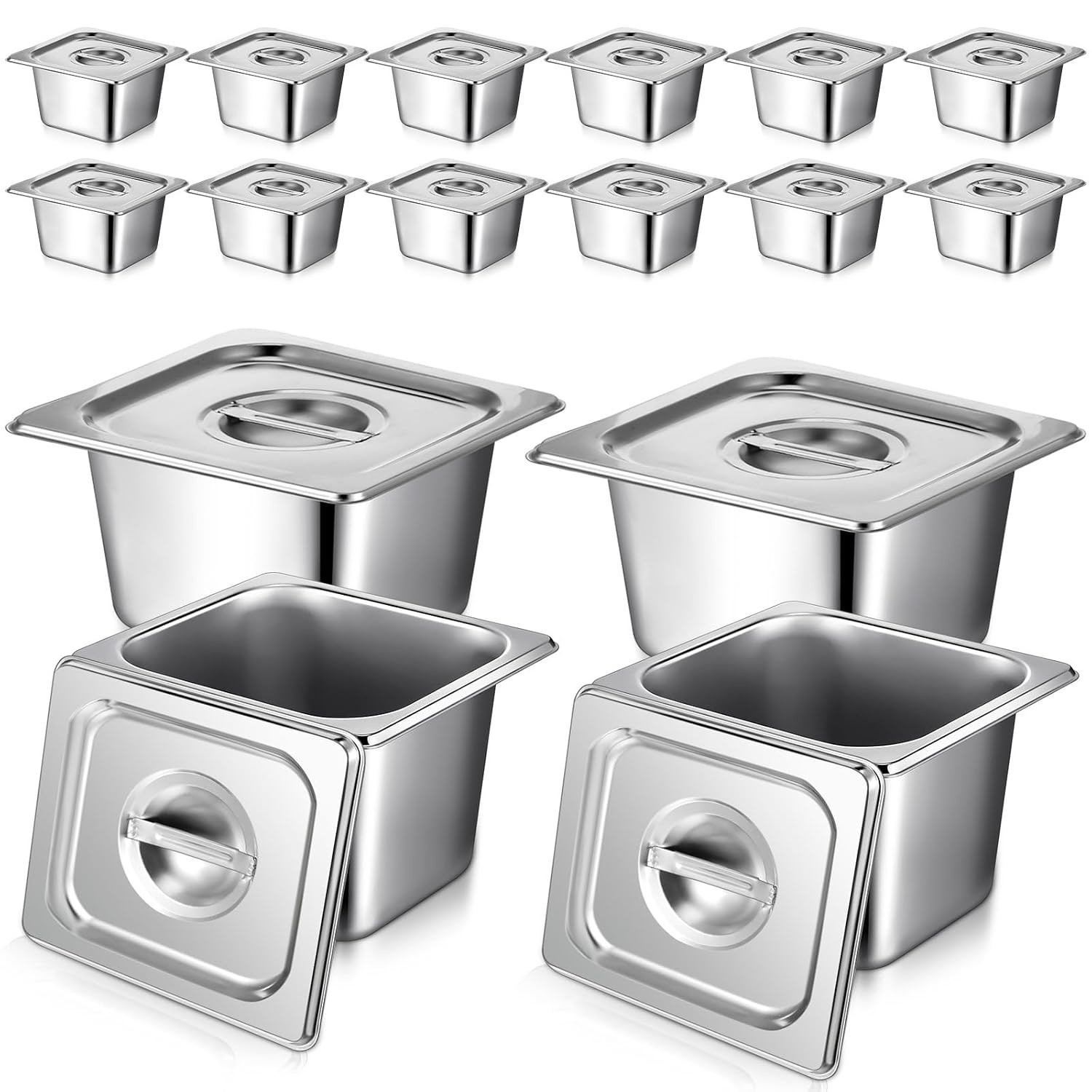 16 Pack 1/6 Stainless Steel Pans W/ 16 Lids & 2 Tongs 4 Spoons 6 Inch Deep Hotel