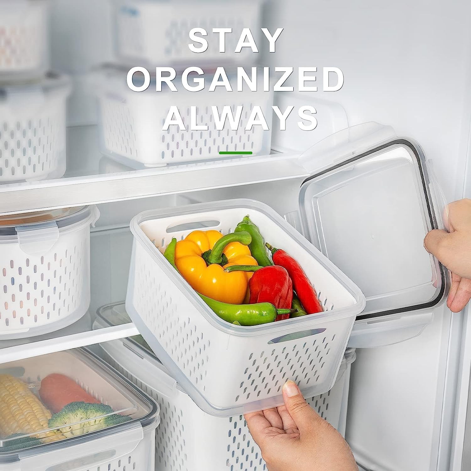 Fruit Storage Containers for Fridge with Removable Colander, Airtight Food St…