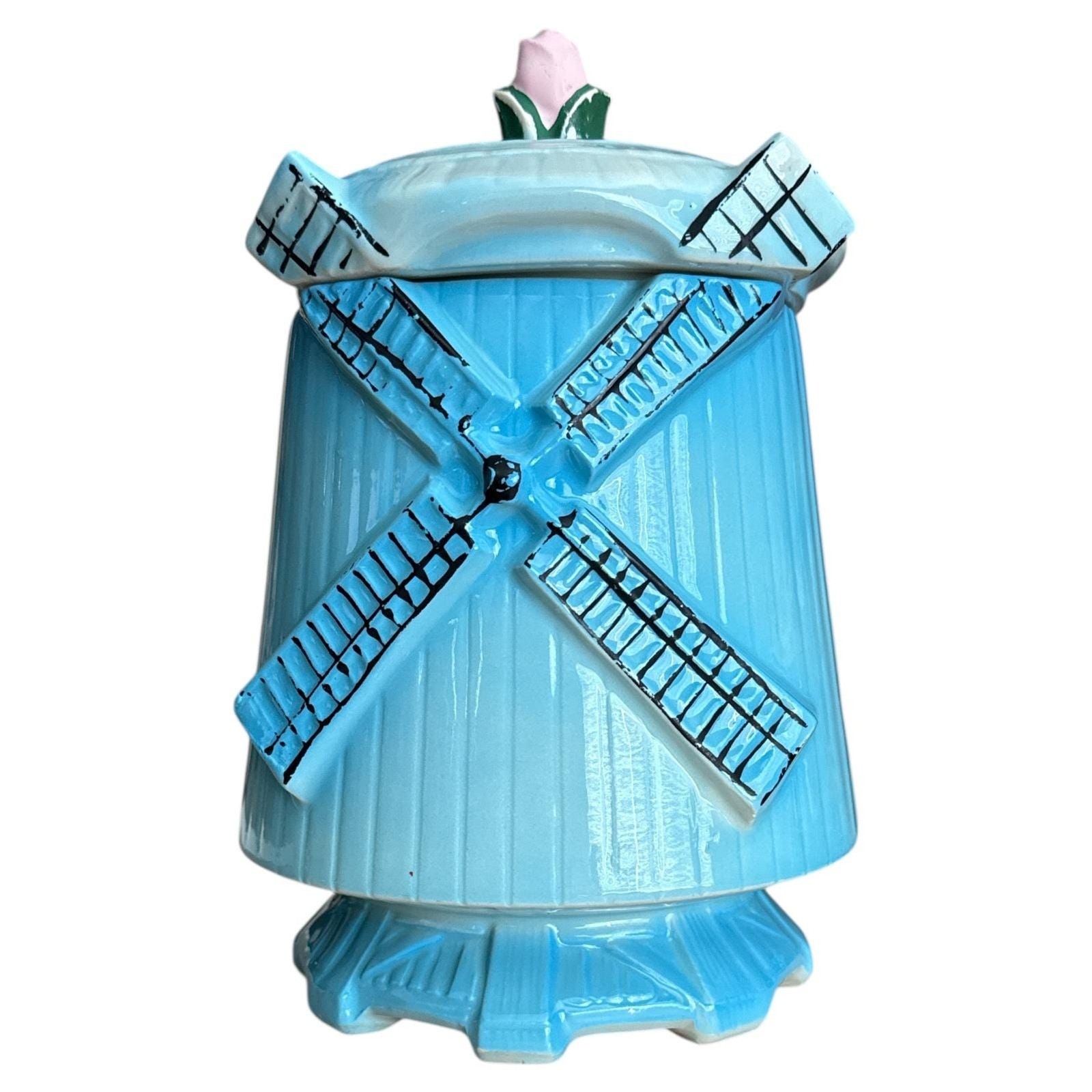 VTG 1960s McCoy Blue Windmill Cookie Jar Pink Rose Lid Farmhouse Kitchen