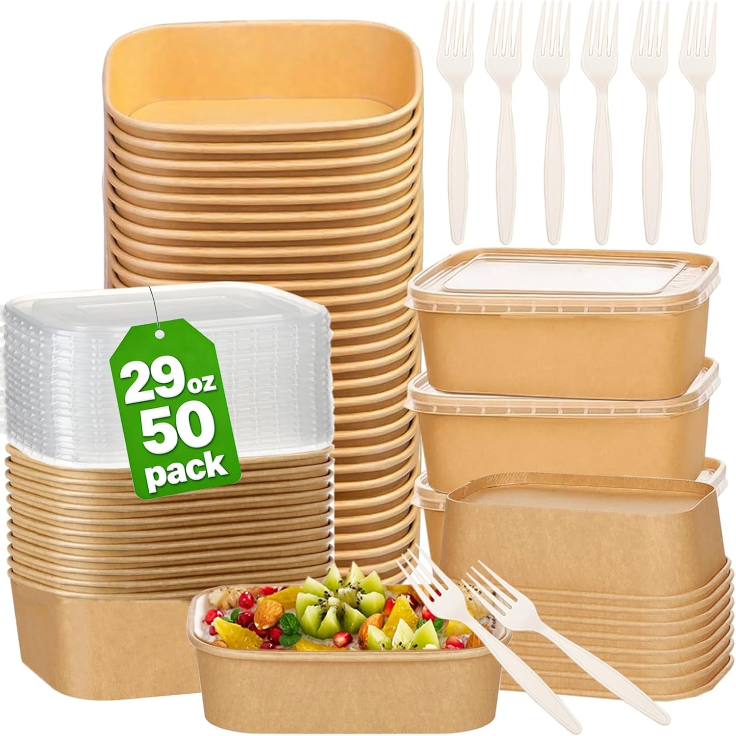 50 Pack 29Oz Disposable Meal Prep Containers W/ Lids & Forks-Disposable Kraft