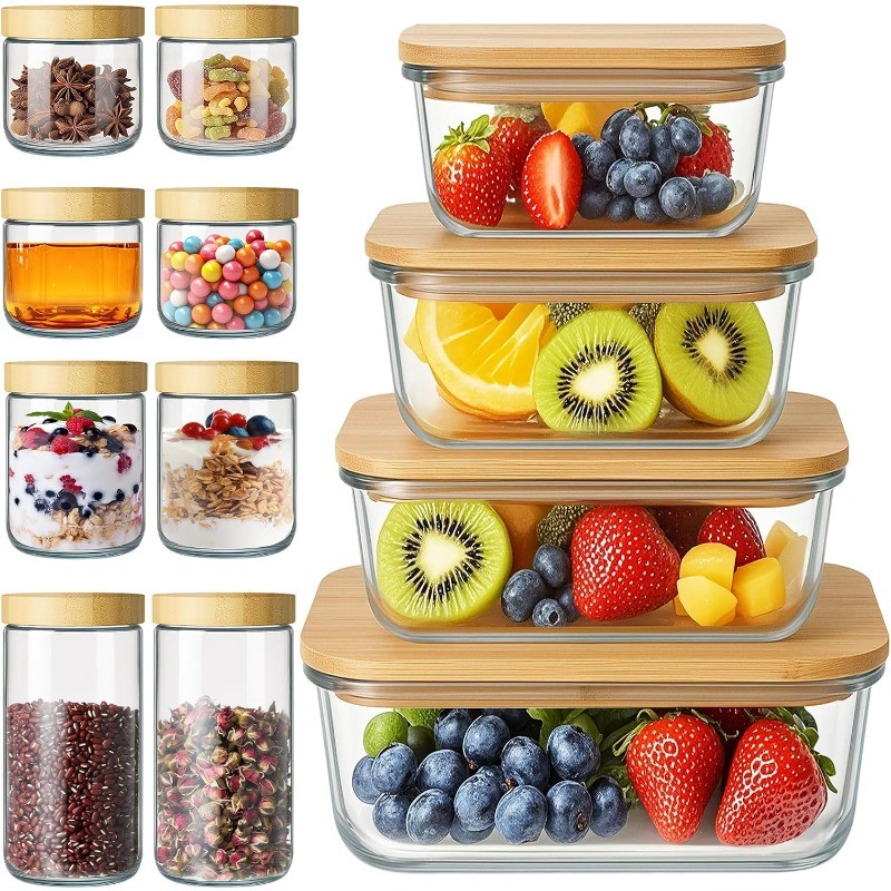 12 Pcs Airtight Glass Food Storage Containers Bamboo Lids Set Including 4 Pieces