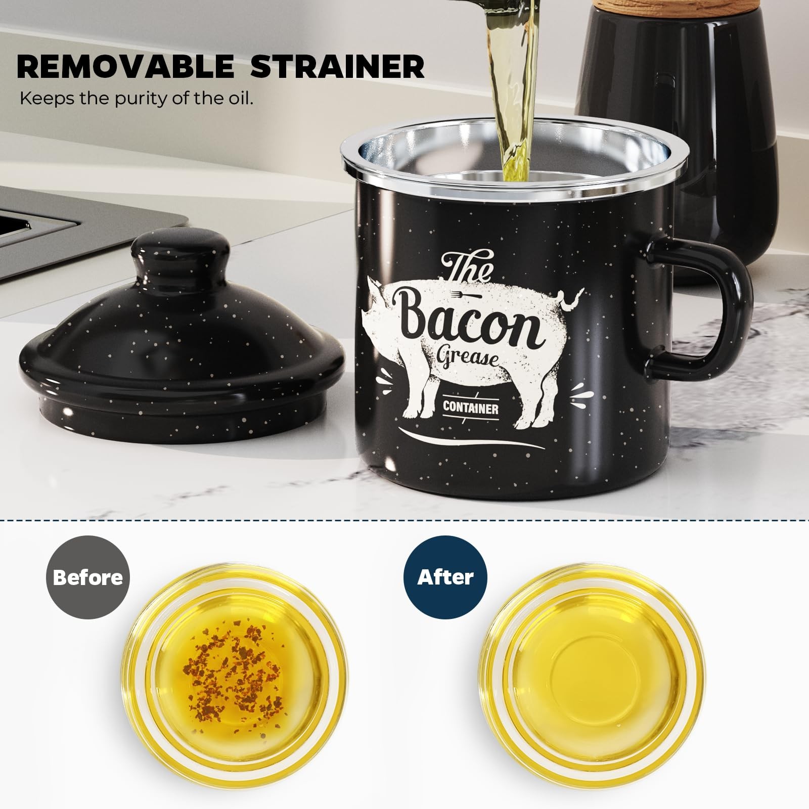 Mini Bacon Grease Container With Strainer – 15OZ Enamel Grease Saver, Farmhou…
