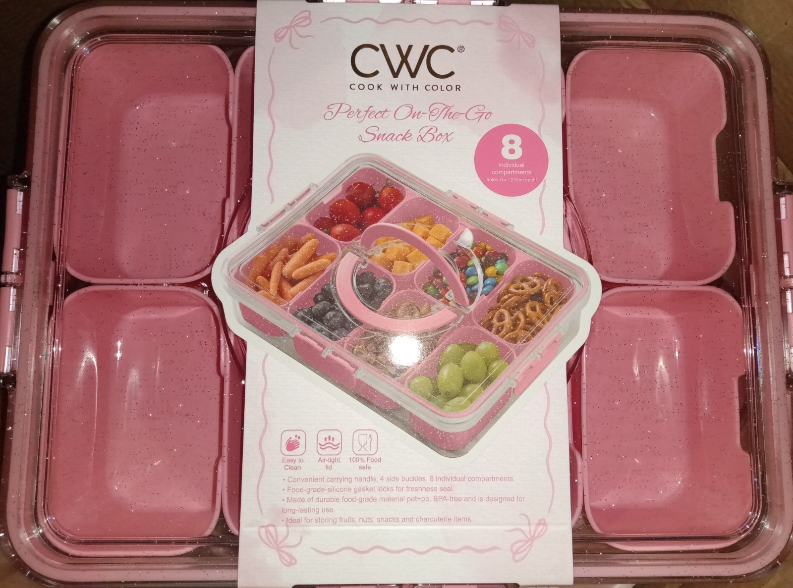 Cook With Color Snack Box Pink Glitter 8 Removable Compartments, Snap Lid
