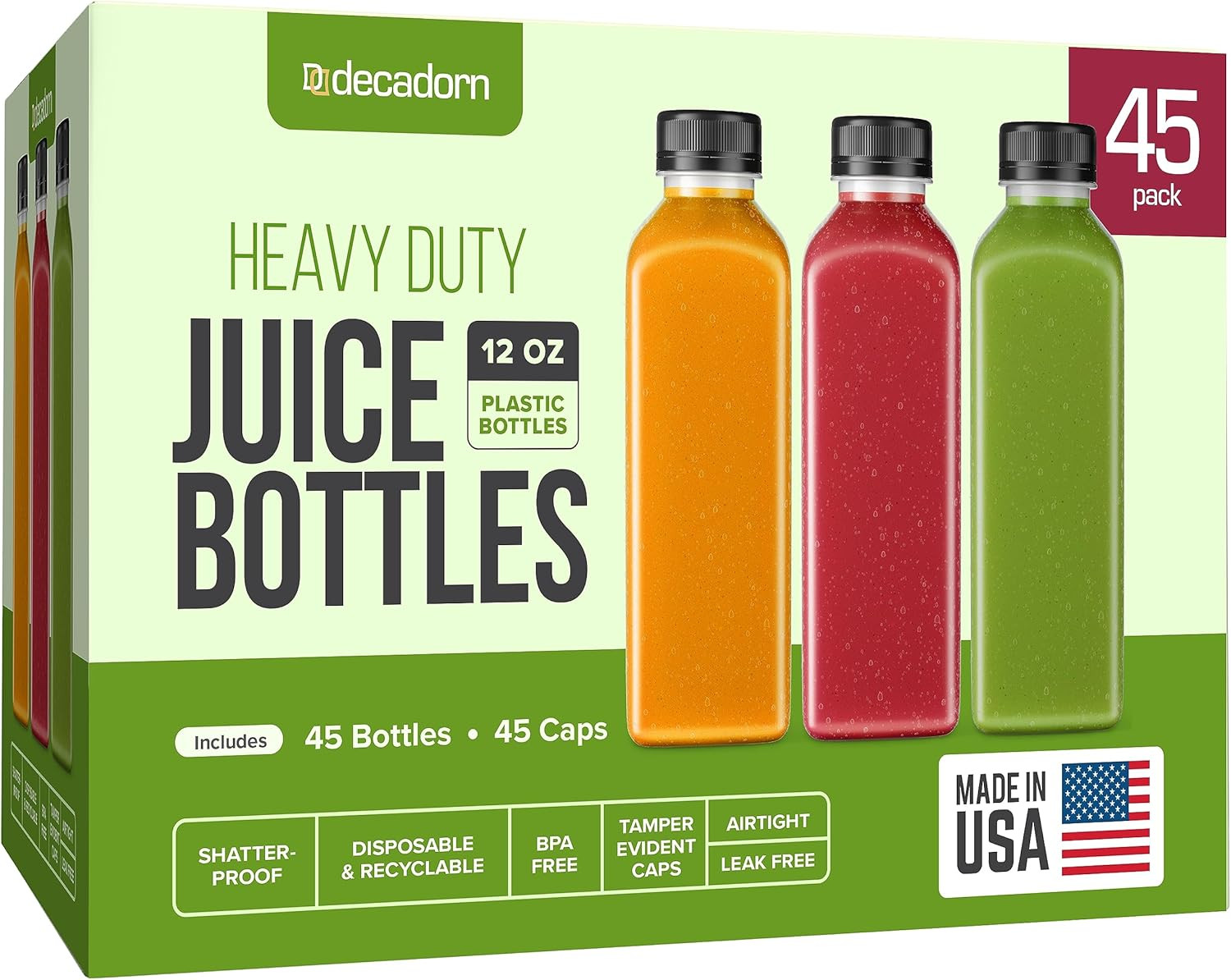 12 Oz Plastic Juice Bottles with Caps – 45 Pack MADE in USA Juicing Bottles Reus