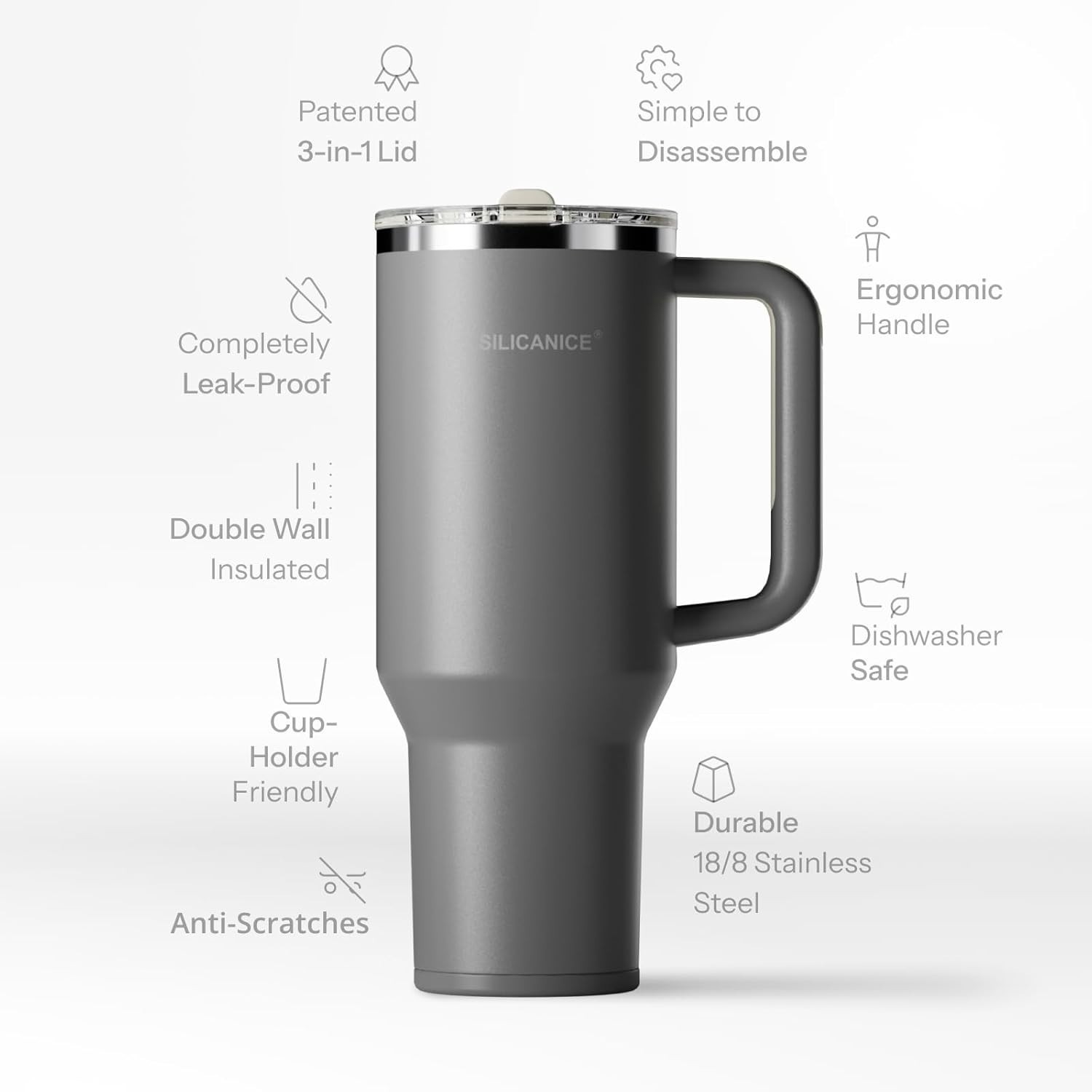 SILICANICE 40 Oz Insulated Tumbler Leakproof with Detachable Flip Straw Lid Grey