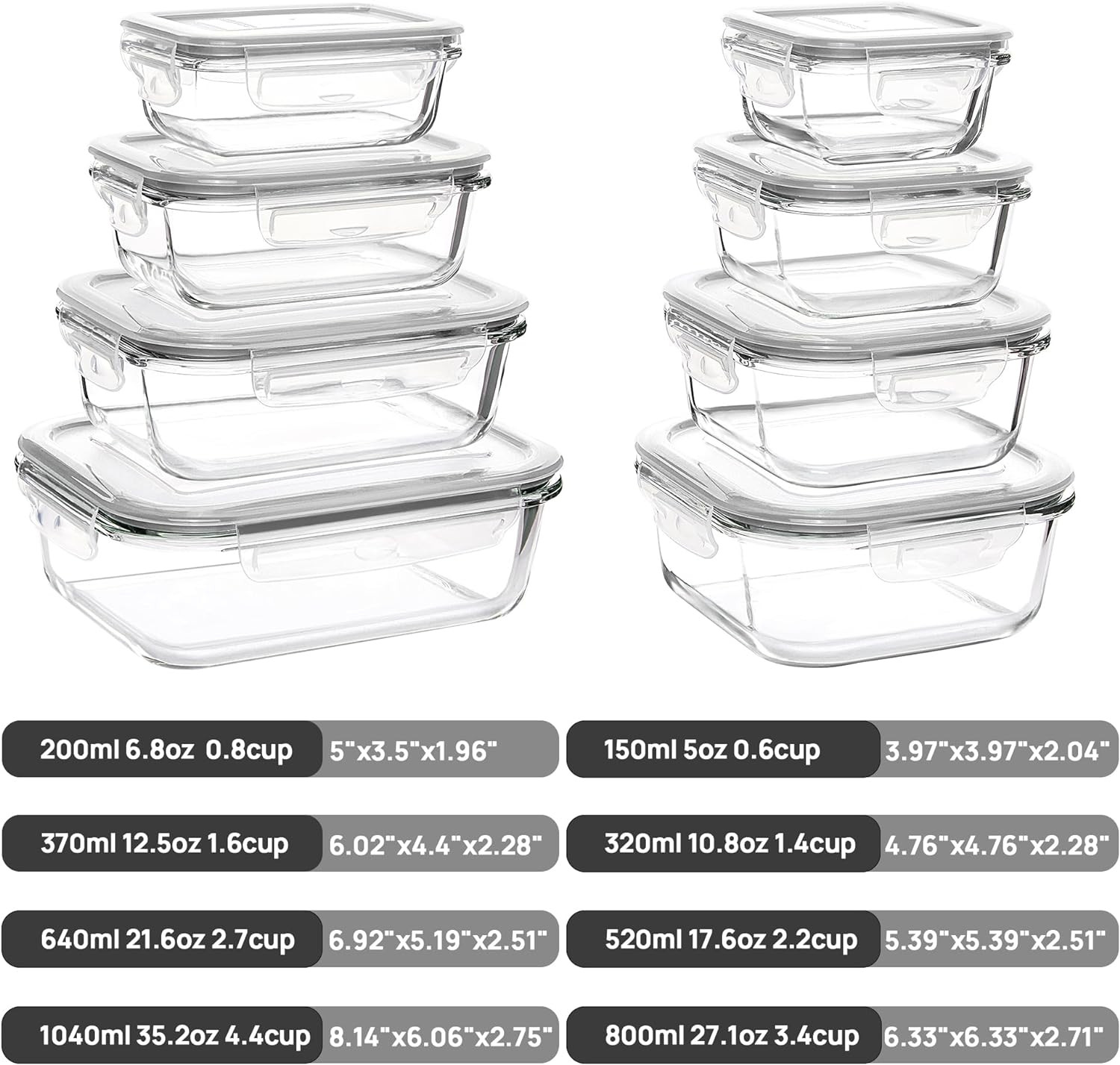 8 Pack Glass Food Storage Containers with Airtight Lids, Glass Meal Prep Contain