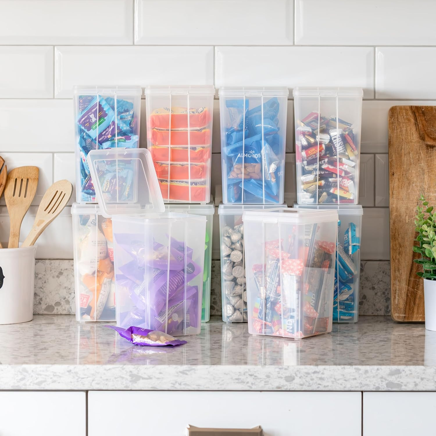 Vertical Plastic Flip Top Storage Containers Bins with Lids for Pantry, Home, Of