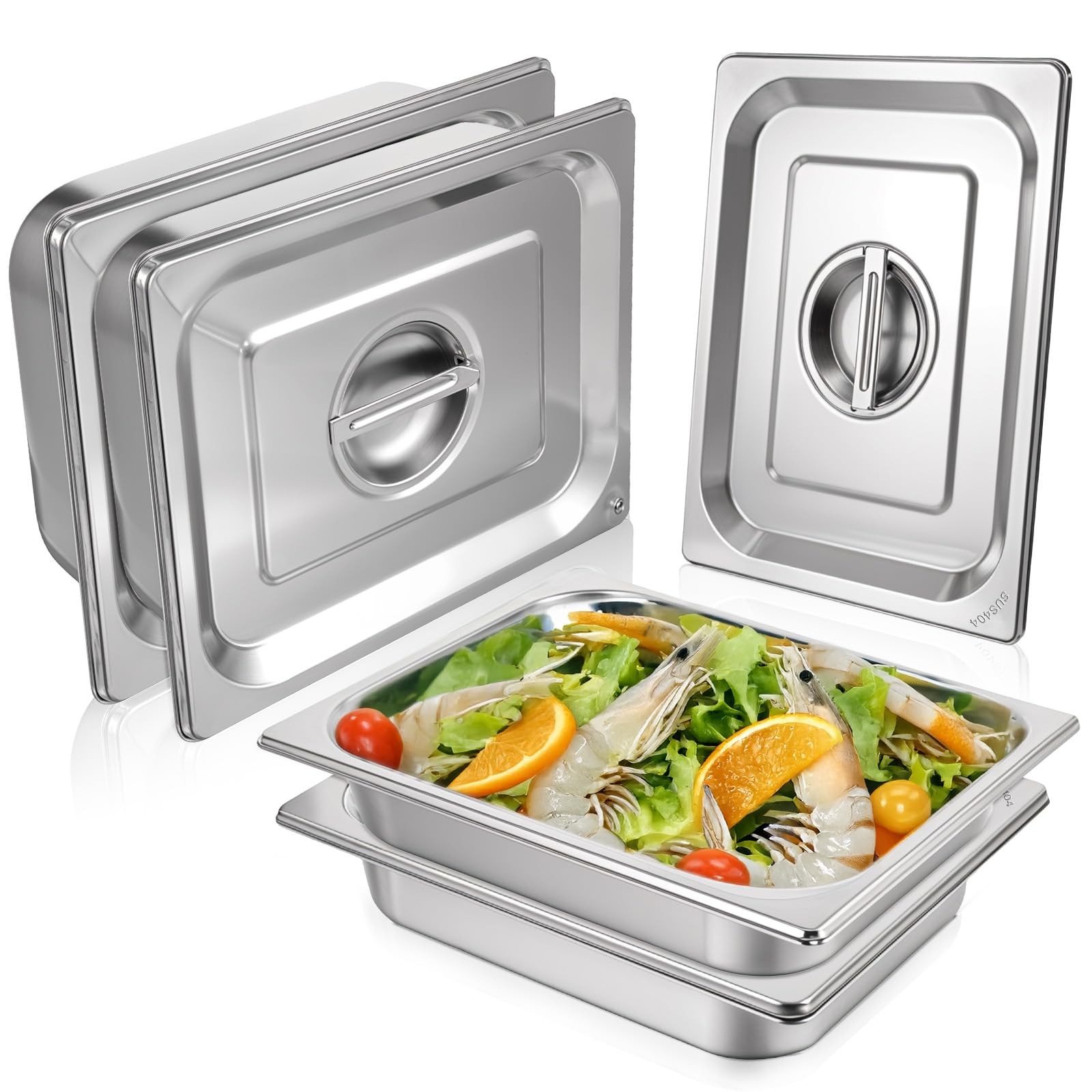 4 Pack Hotel Pans with Lids, 1/2 Size Anti-Jam Steam Pan, 2.5 Inch Deep Stain…