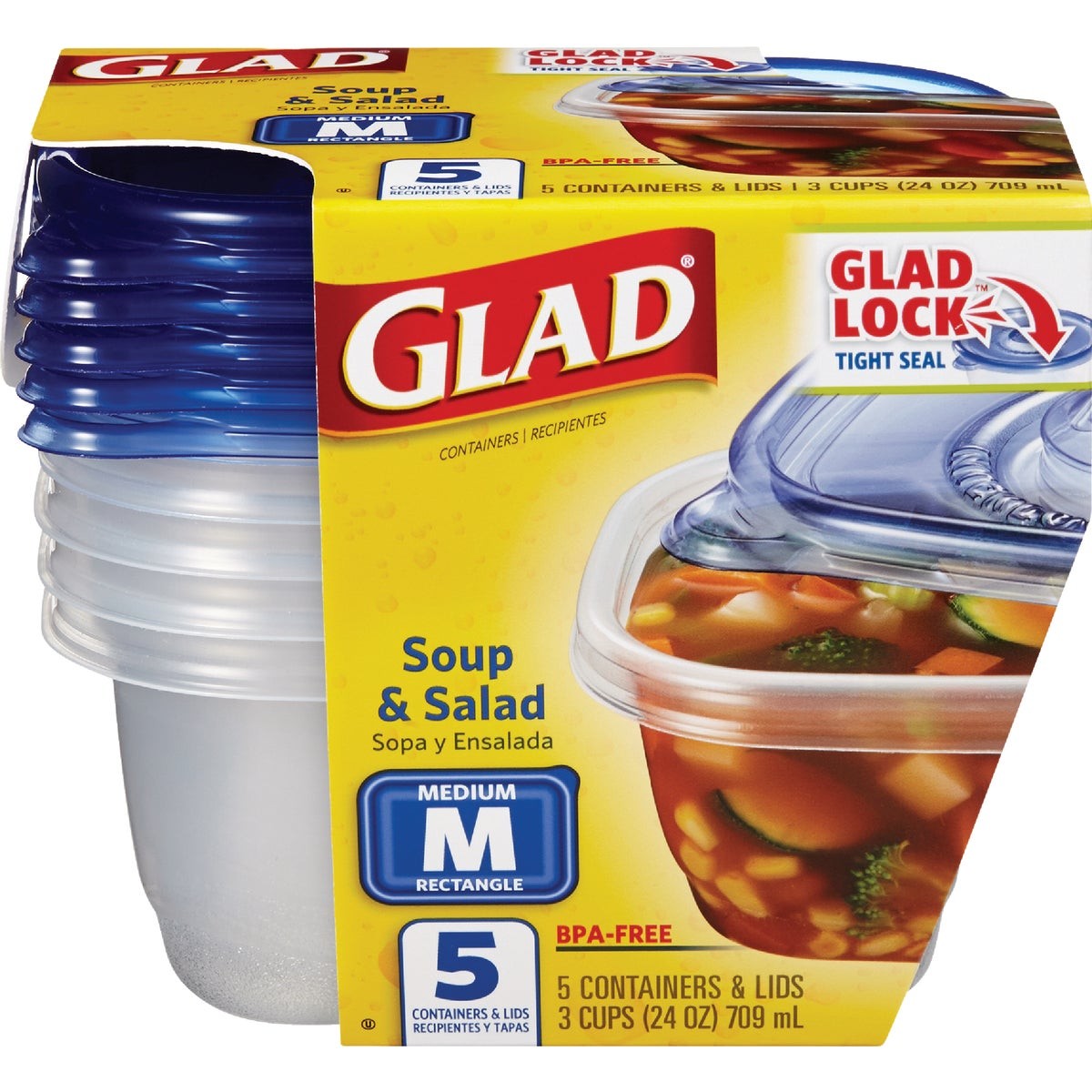 Glad 24 Oz. Clear Rectangle Soup & Salad Container (5-Pack) BBP35093 Glad