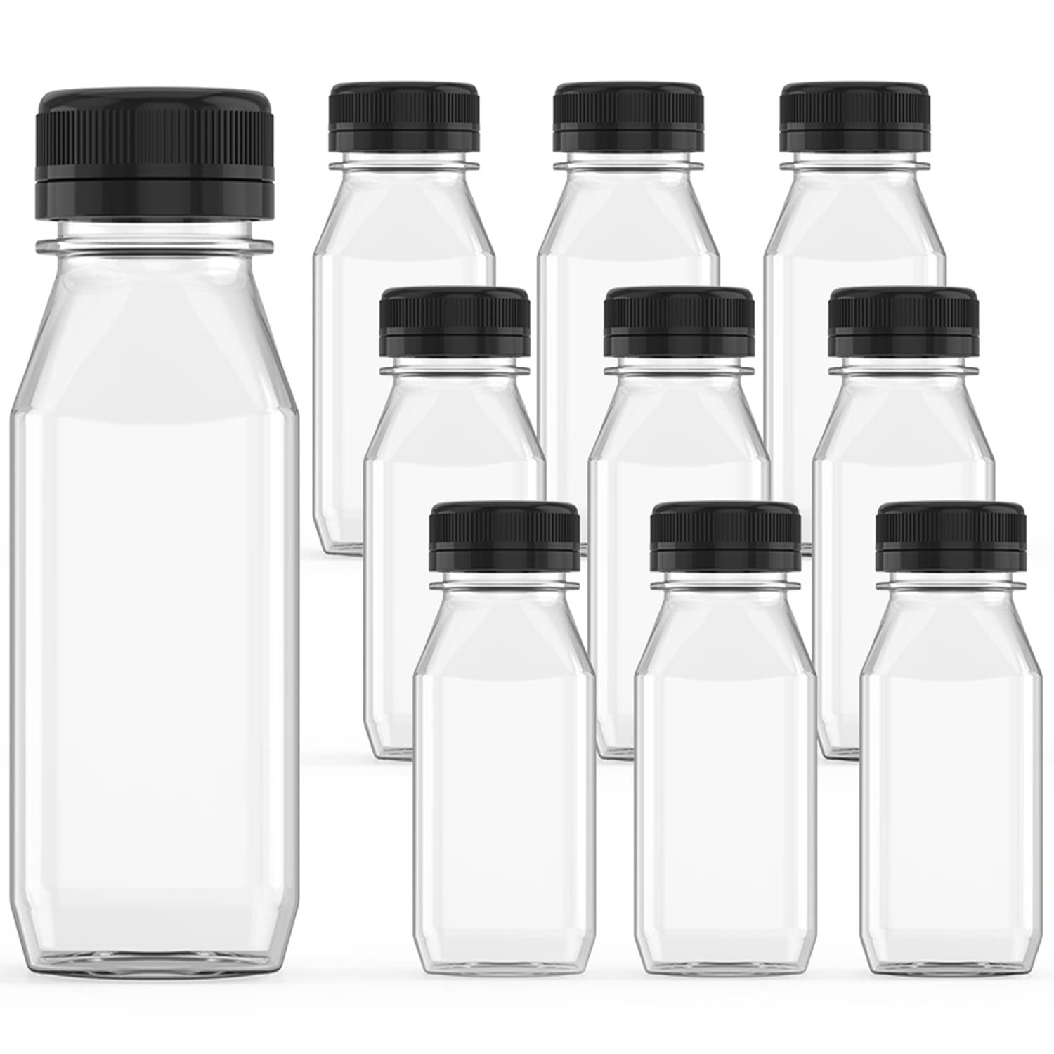 10 Pack 8 oz Plastic Juice Bottles with Black Sealed Lids, Containers for Water