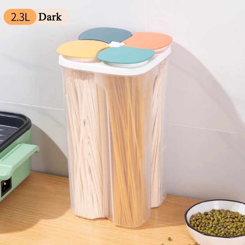 2.3L / 4 Grid Cereal Storage Container Airtight Grain Box Spaghetti Food Keeper