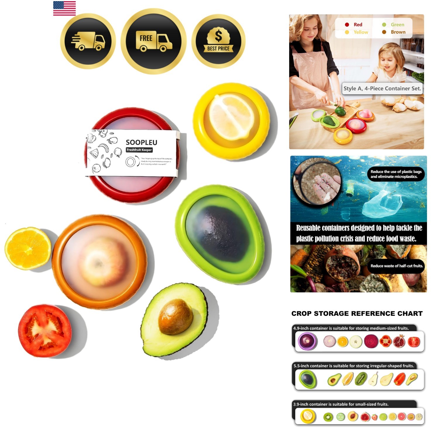 Food Storage Containers Set of 4 Airtight Fruit and Vegetable Keepers