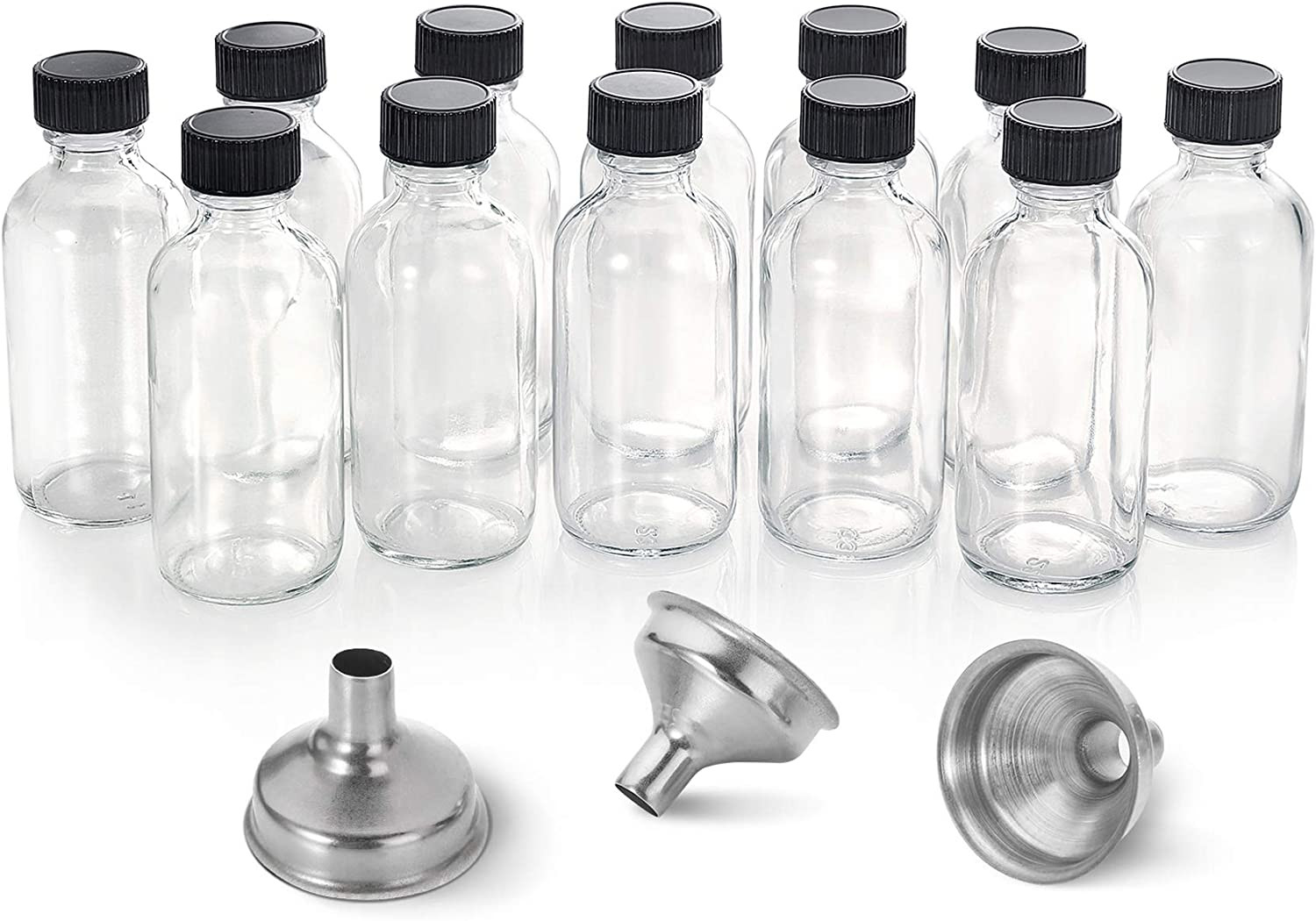 12 Pack, 2 Oz Small Clear Glass Bottles W/ Lid & 3 Stainless Steel Funnels – 60M