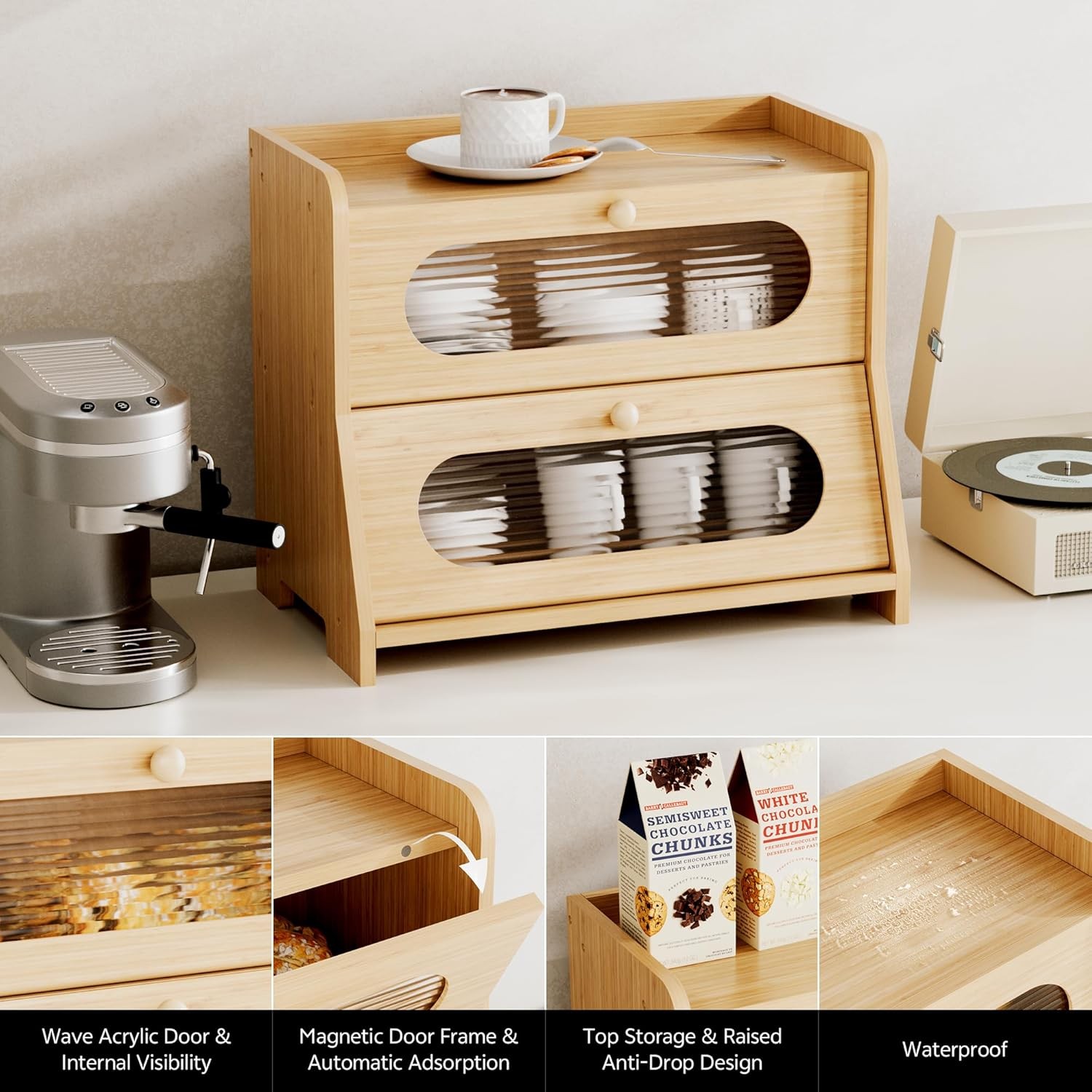 Bread Box,Extra Large 2-Tier Bamboo Bread Box for Kitchen Countertop,Bread