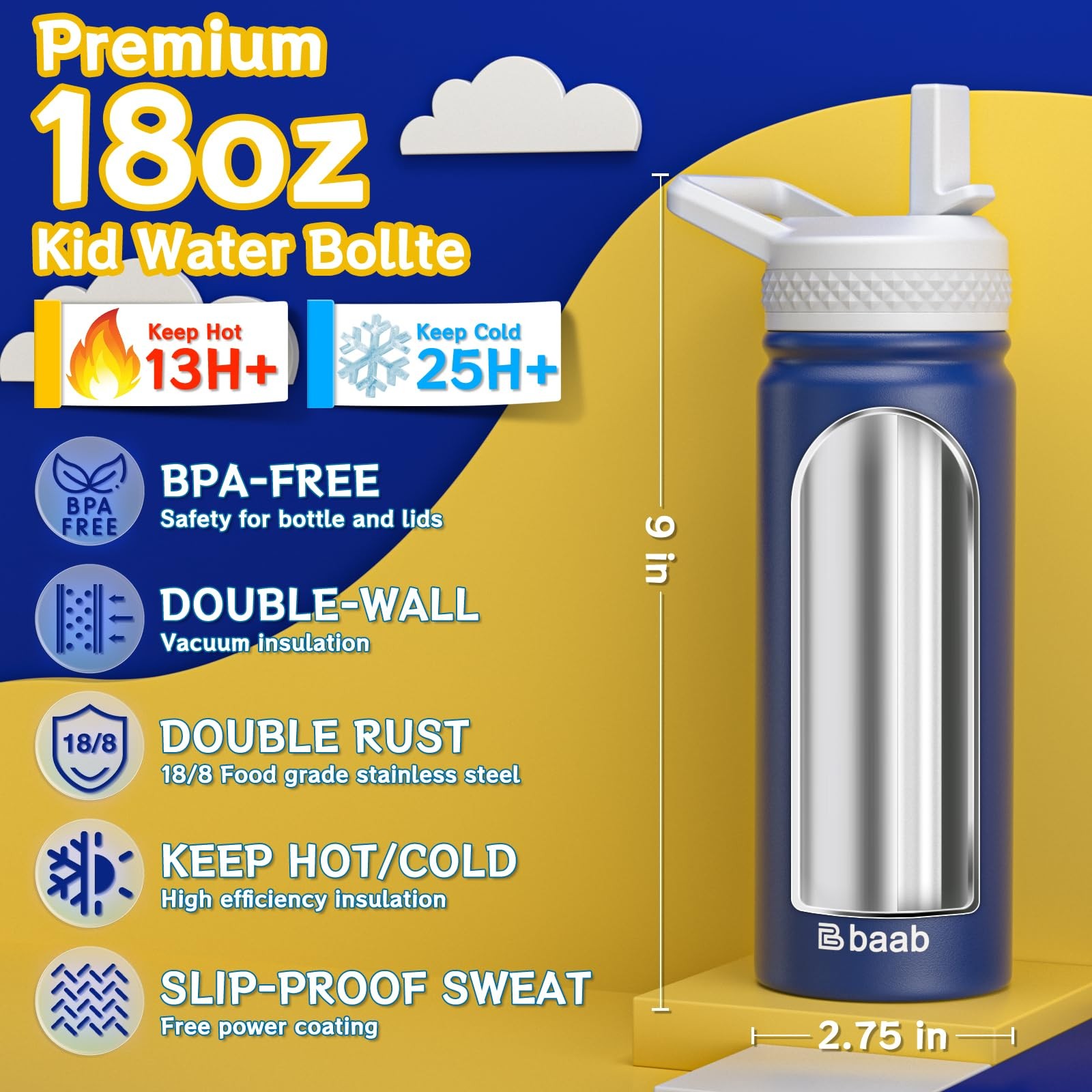 baab 18oz Kids Water Bottle, Insulated Water Bottle with Straw & Stickers, 18/8