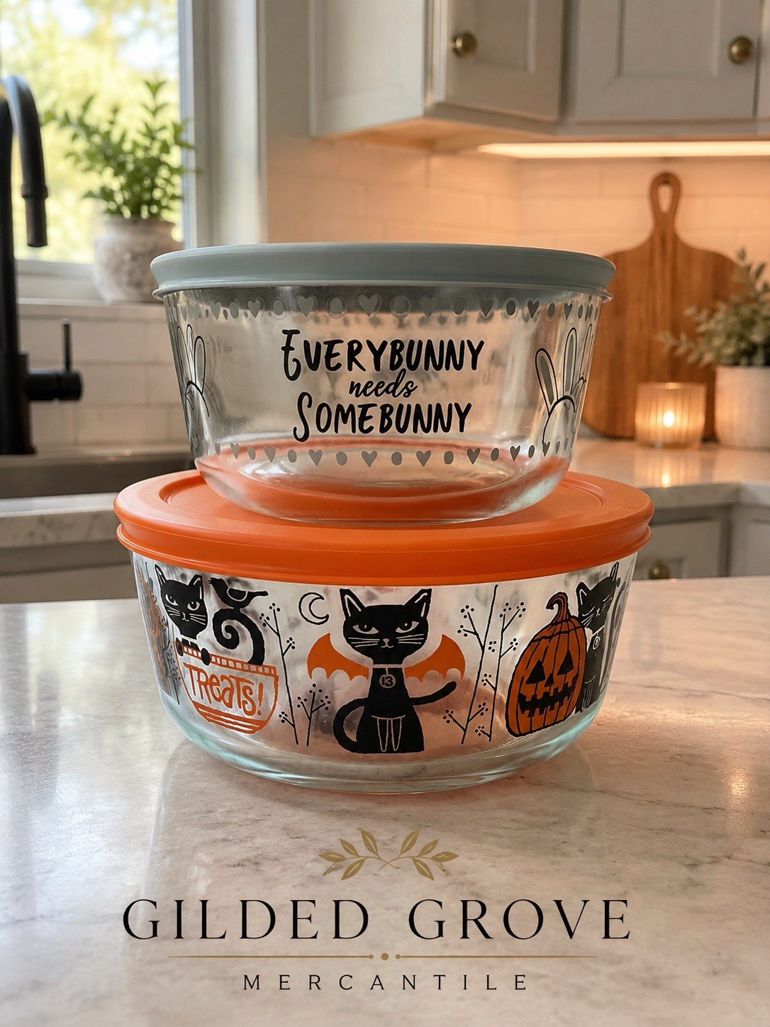 Pyrex Halloween Easter Glass Storage Bowls w Lids Black Cat Bunny Set