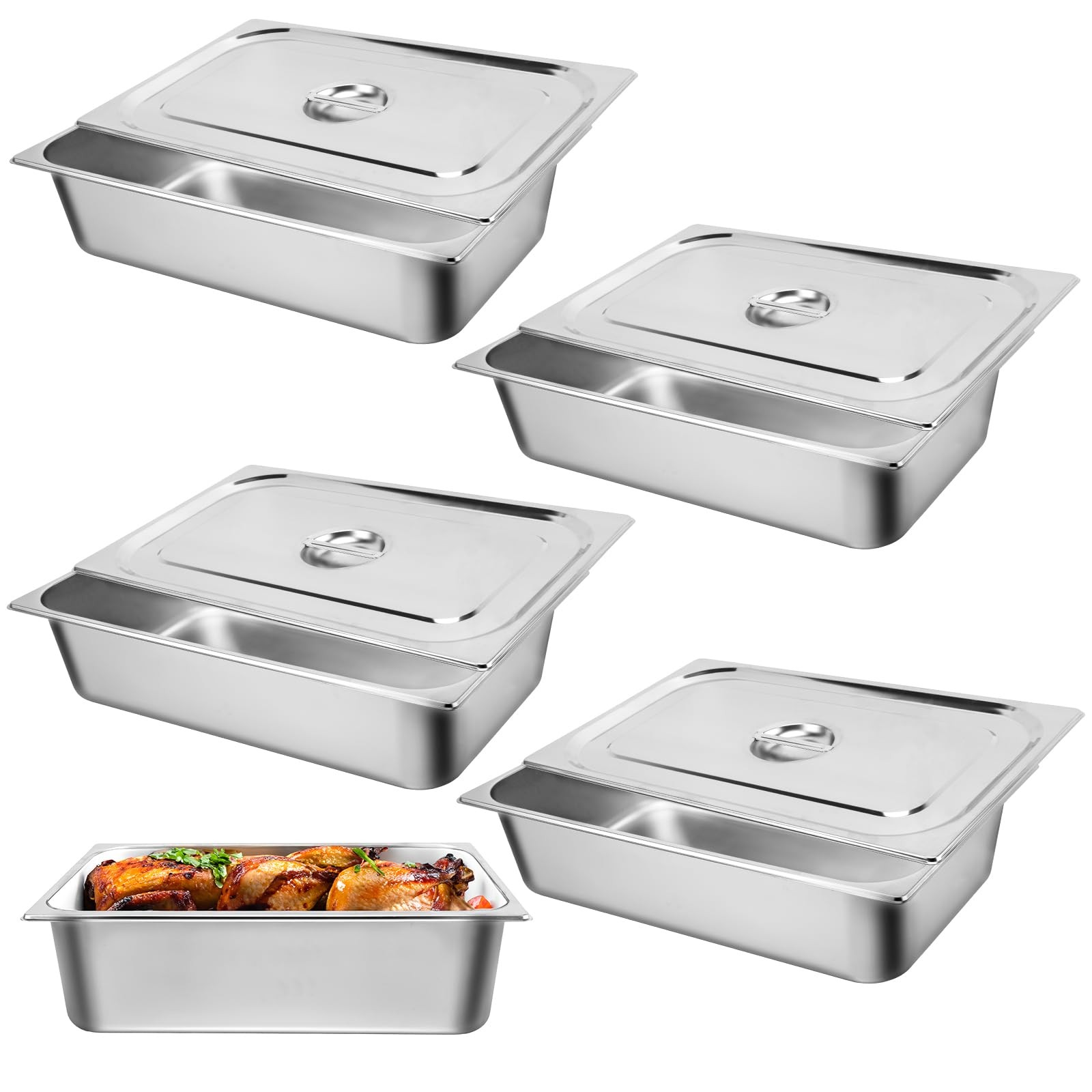 4 PCS Hotel Pan Full Size Steam Table 6 Inch Deep Stainless With Lid 20.8×13