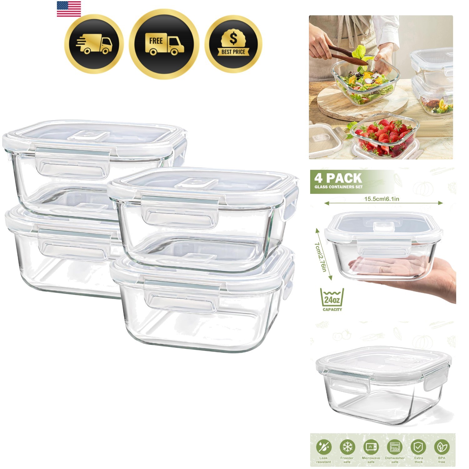 Square Glass Containers with Lids 3 Cup/24 oz, 4 Pack