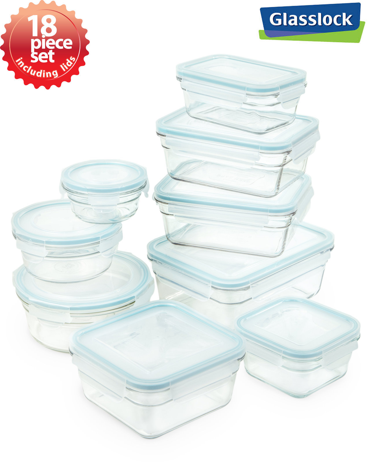 Glasslock Food Storage Airtight Glass Container 18pc Set Microwave & Oven Safe