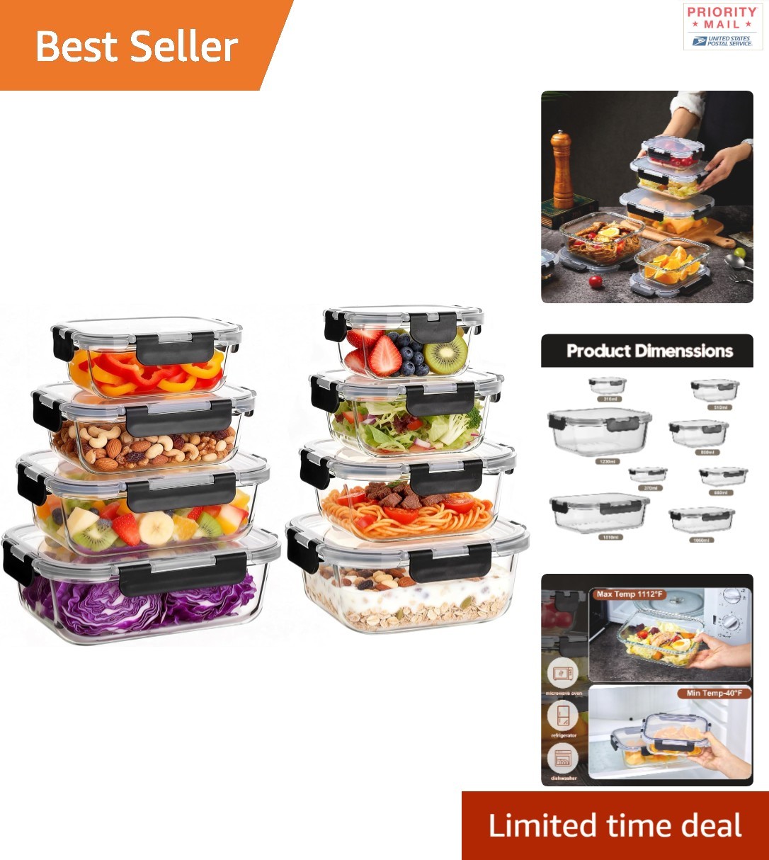 Airtight Glass Meal Prep Containers 8 Pack 310ml to 1510ml for Food Storage