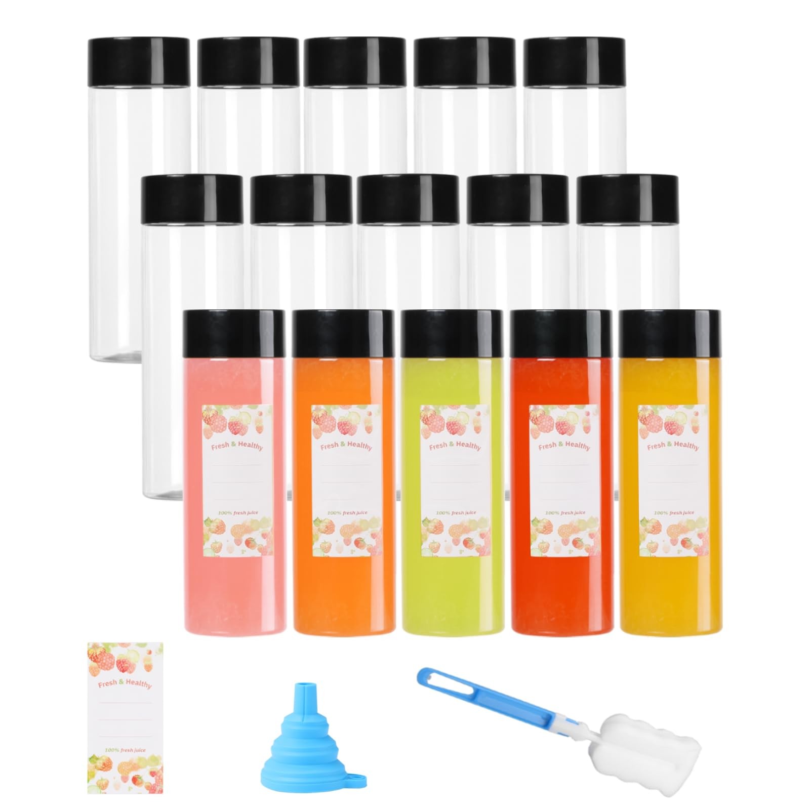 15 PCS 12 Oz Empty Plastic Round Juice Beverage Bottles With Black Lids Caps