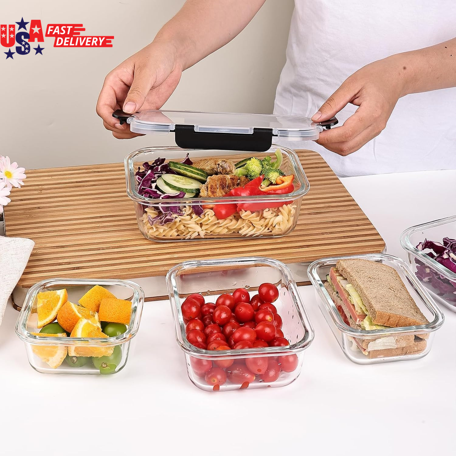 8 Pack Glass Food Storage Containers with Lids, Meal Prep Containers, Airtight B