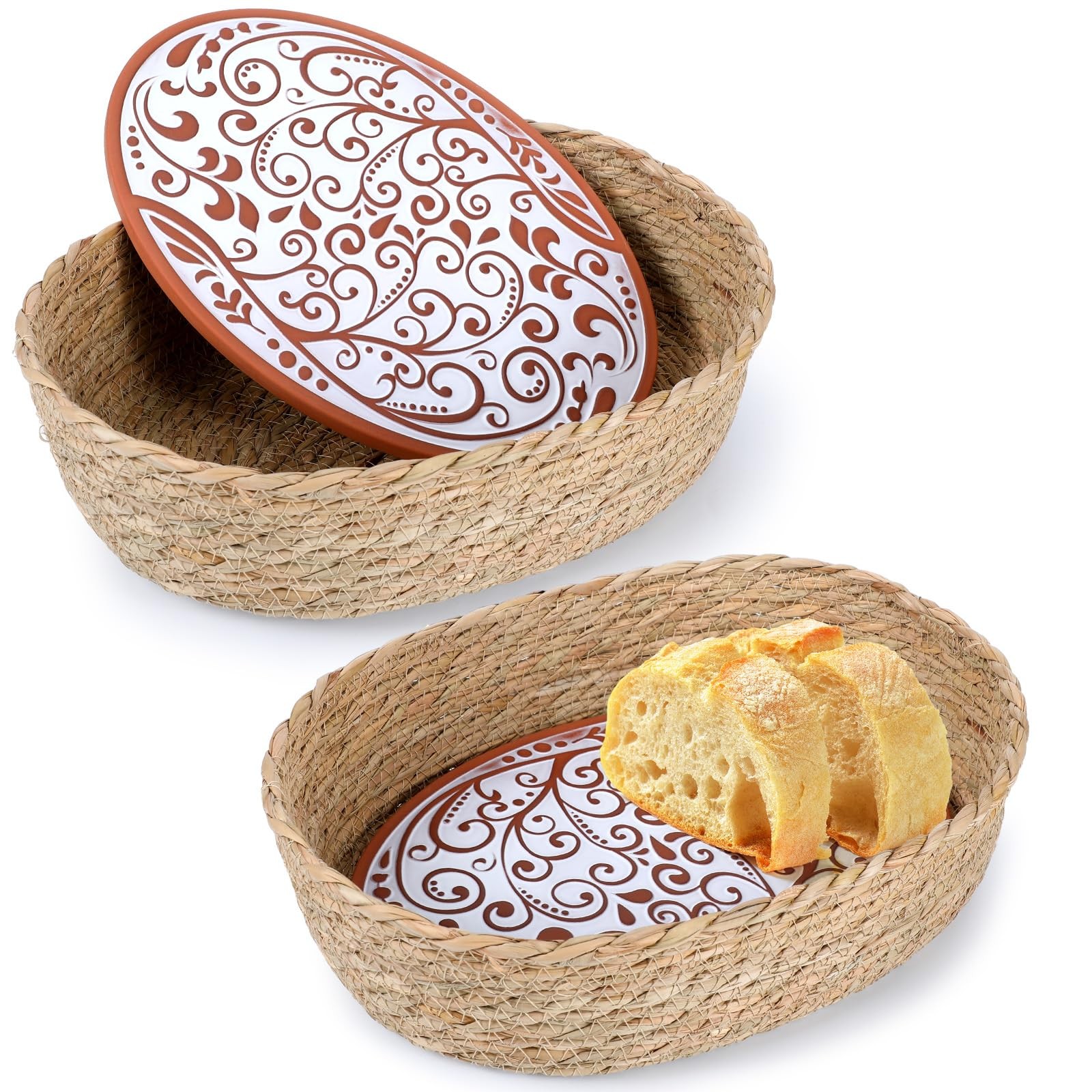 Bread Warmer Basket Set With Terracotta Warming Stone 12.5×8.5 Inch Serving