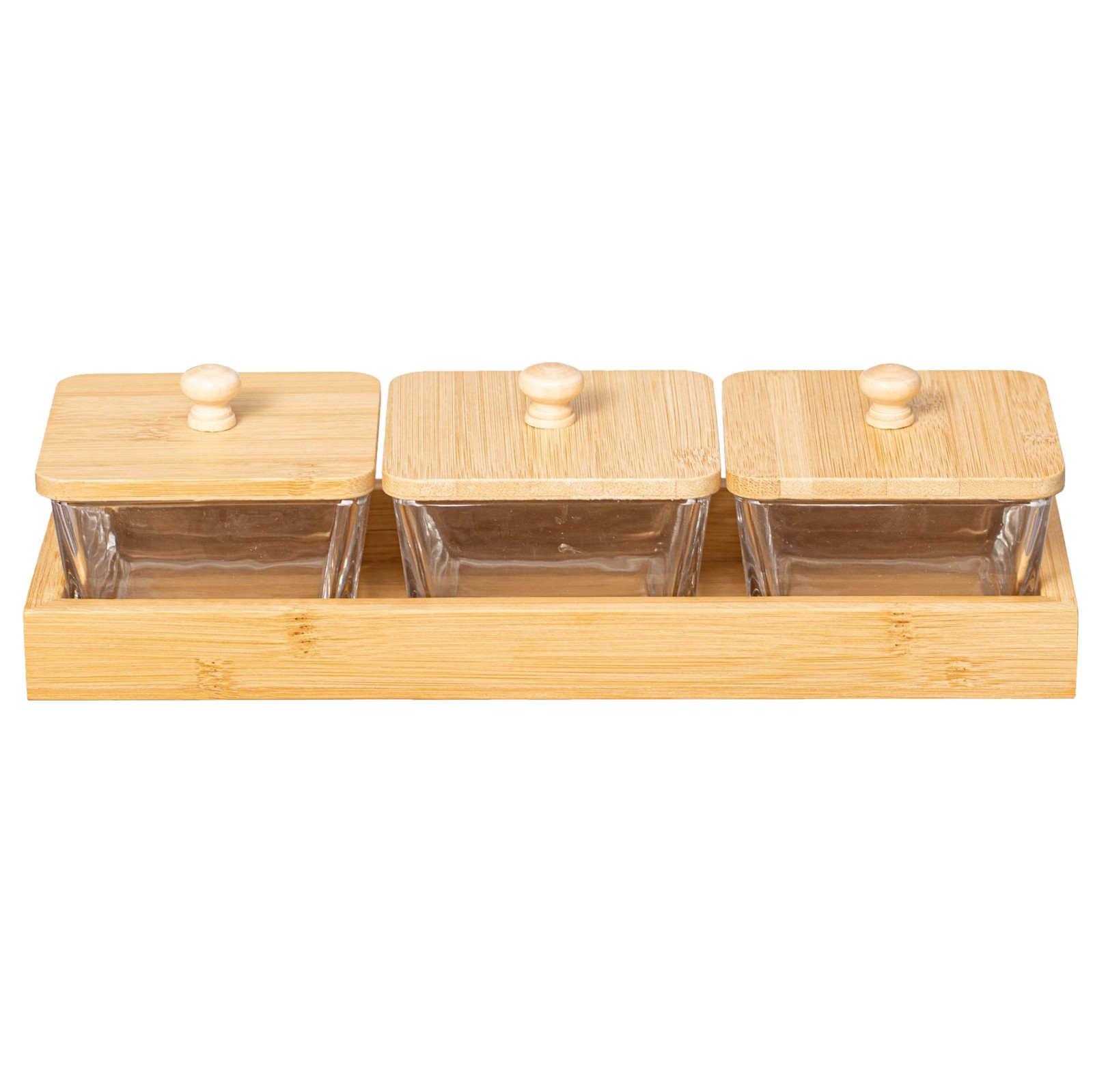 Set of 3 Square Glass Jars with Bamboo Lids and Wooden Tray – Rectangular Cha…