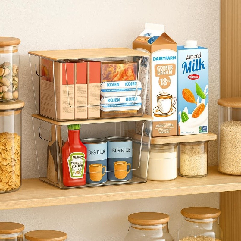 Stackable Pantry Organizers Clear Acrylic Bins W/ Bamboo Lid Kitchen Storage New