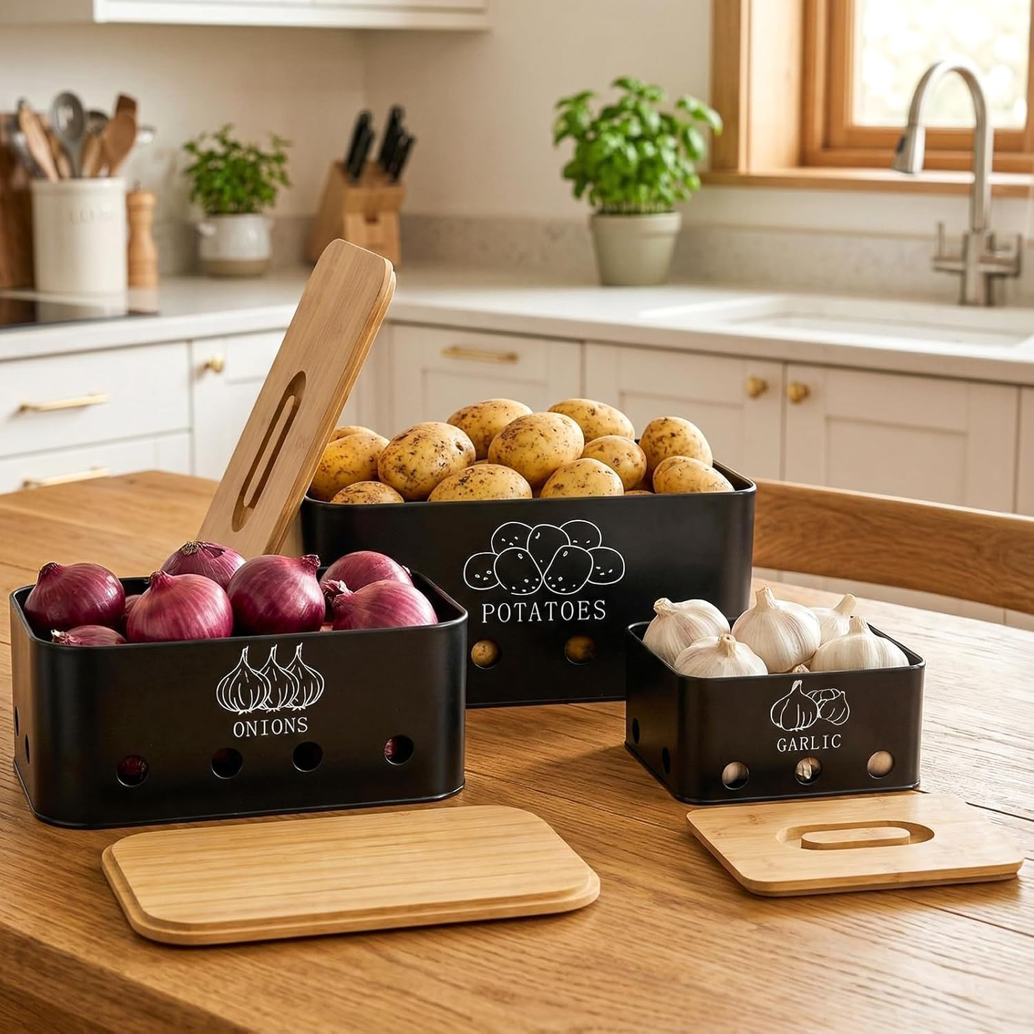 3 Pack Potato Onion Garlic Storage Set, Metal Vegetable Storage Bins with Aerati