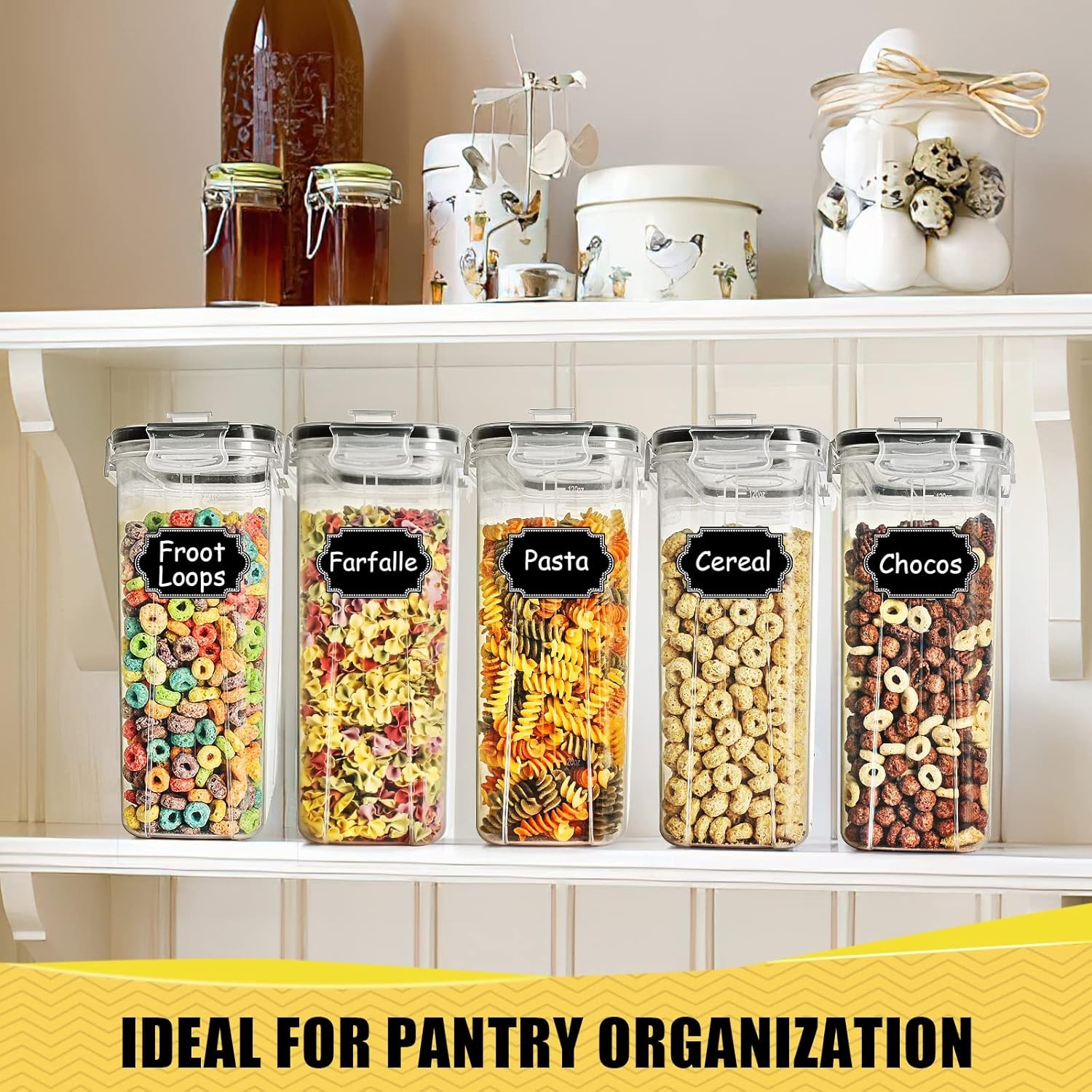 6 Pcs Cereal Storage Containers Set, BPA Free Plastic 20 Labels & Marker, Black