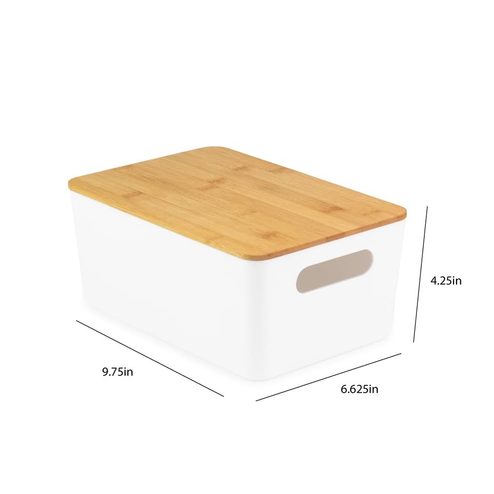 2-Pack Medium White Storage Bin Set w/Cut-Out Handles and Bamboo Lid, Plastic…