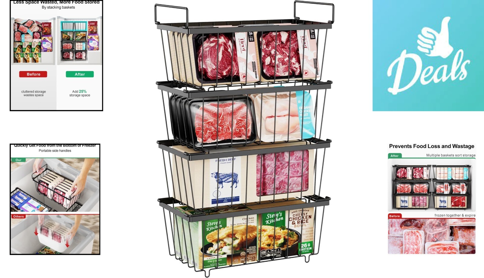 Deep Freezer Organizer Bins – Stackable Chest Freezer Organizer – 4 Pack, Black