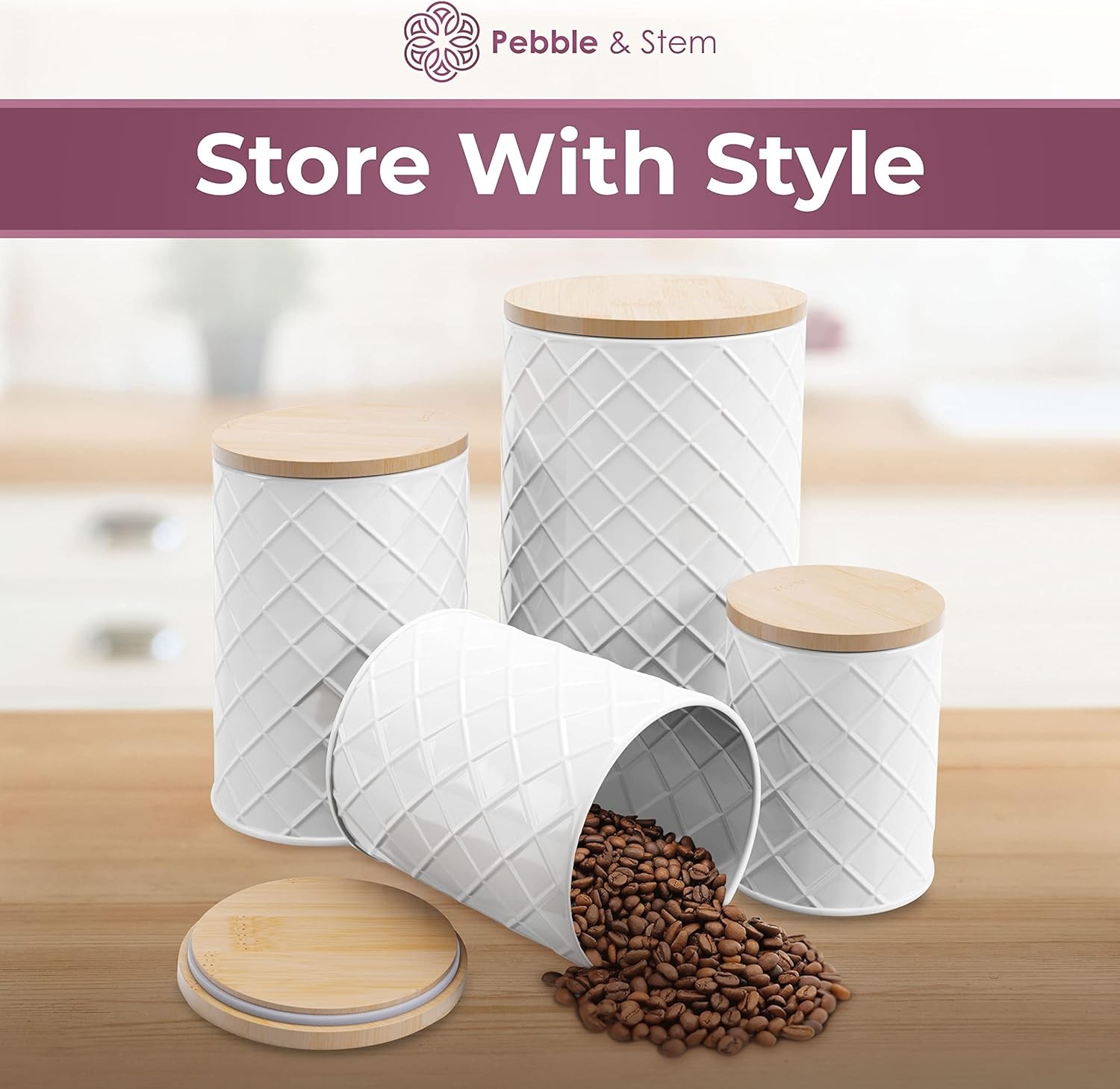 ® White Metal Canister Set for the Kitchen Counter, Food Canister Set of 4,