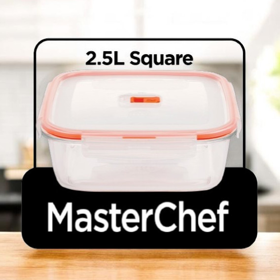 MasterChef Glass Square Dish With Locking Lid 2.5L 3-in-1 Microwave Freezer Safe