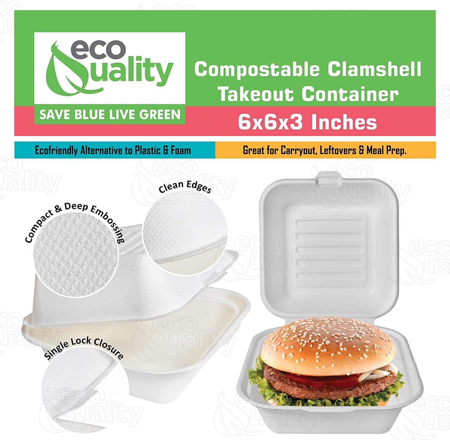 Compostable Square Hinged Clamshell 6×6 Food Take Out Box Disposable ToGo 500pcs