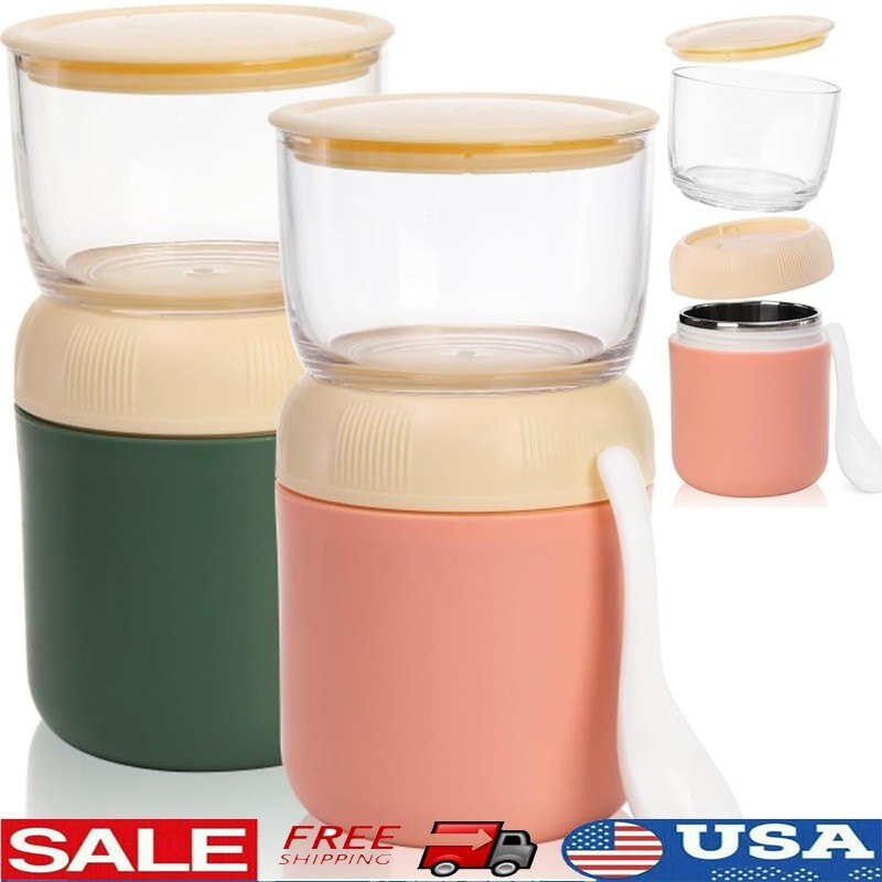 Insulated Yogurt Container 2 Pack 10oz Oatmeal Bowl Leak Proof Food Grade Safe