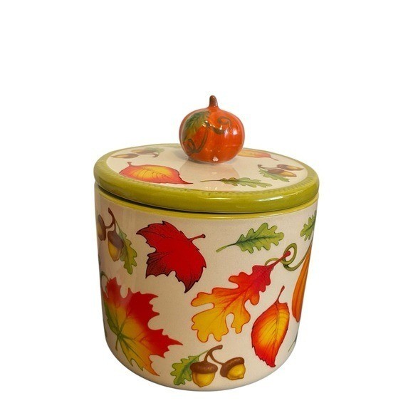 Temp-Tations Set of 2 Fall Harvest Ceramic Canisters Pumpkin and Acorn Lids