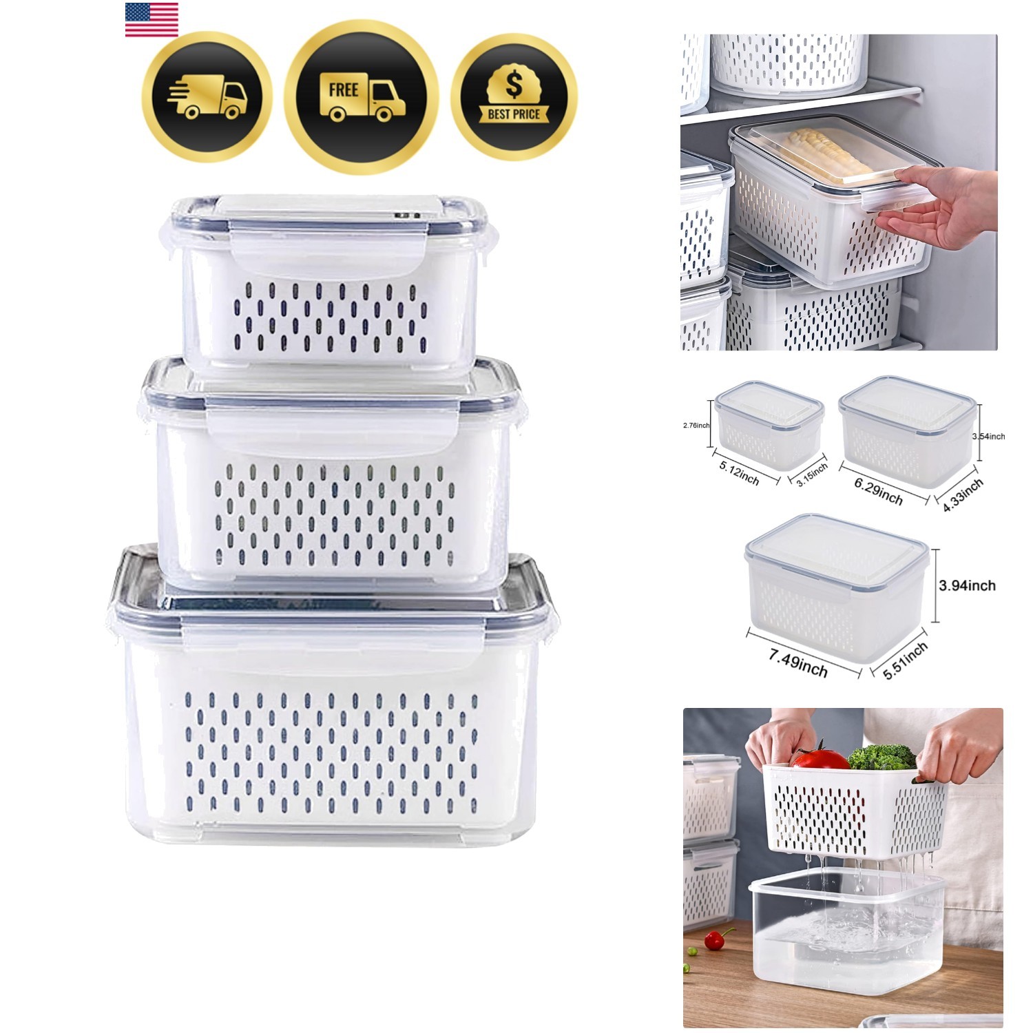 3Pack Fridge Food Storage Container Set with Lids with Strainer,Plastic Fresh…