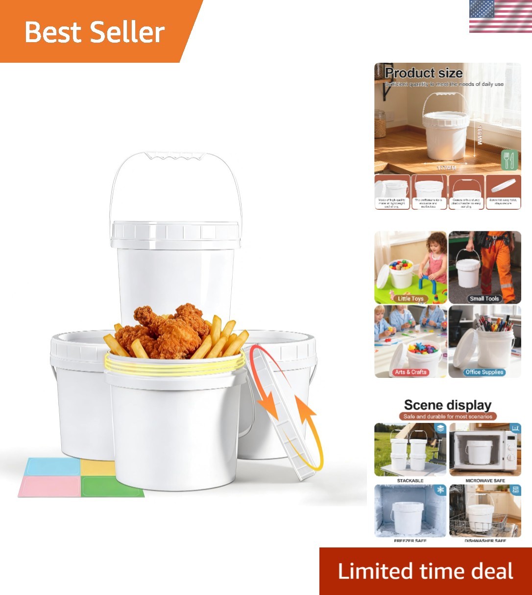 Reusable 4-Pack 1 Gallon Plastic Buckets with Screw Lids for Kitchen & Freezer