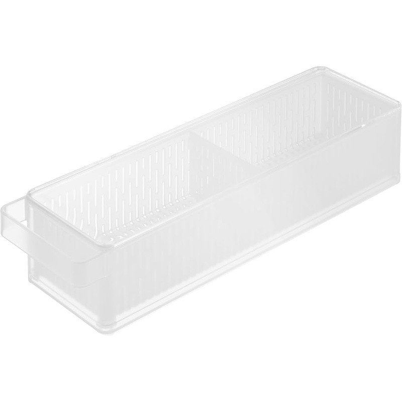 Fridge Organizer Storage Bin W/ Adjustable Divider & Stackable Colander New