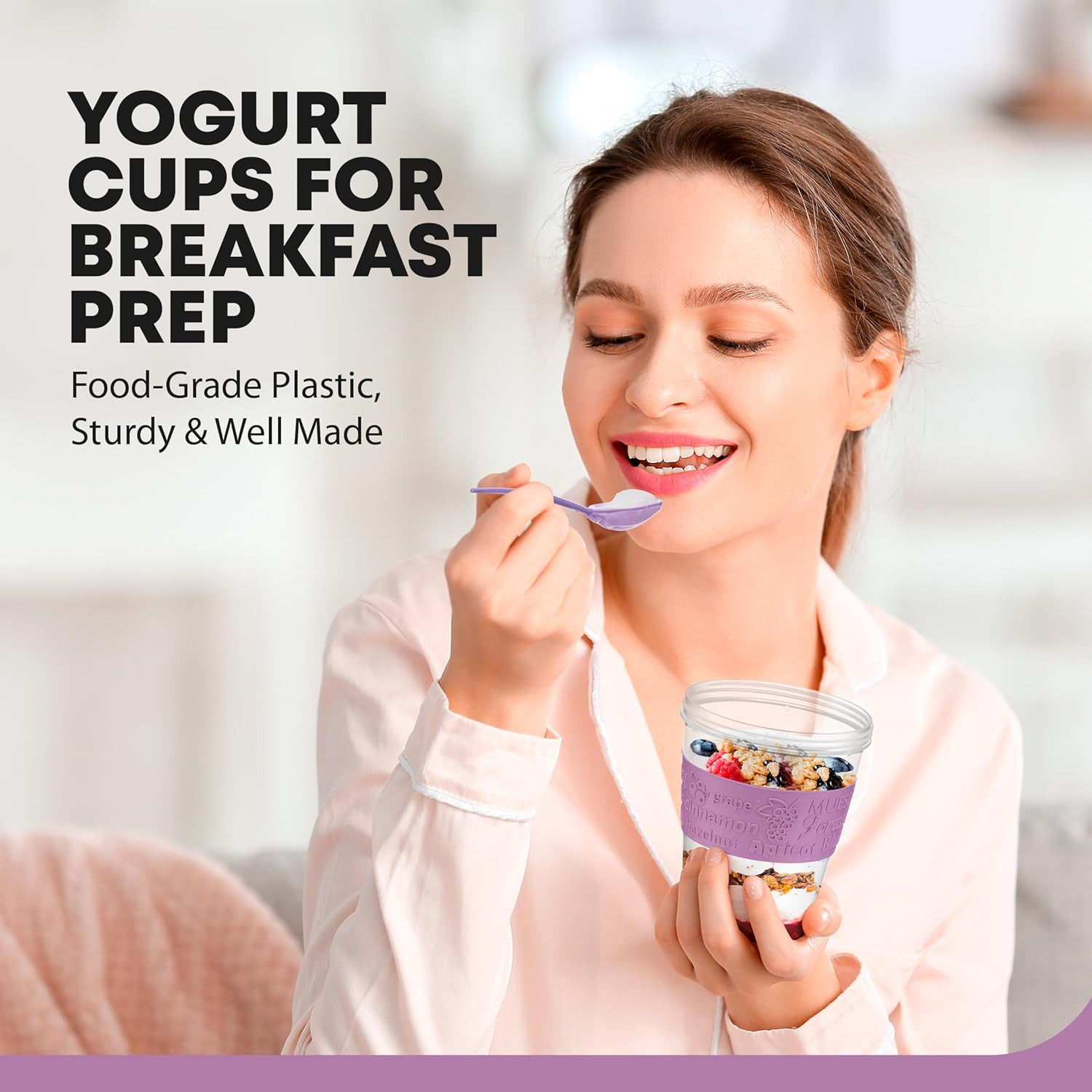 4 Pack – on the Go Yogurt Parfait Cups with Lids, Topping Compartment & Spoon, Y