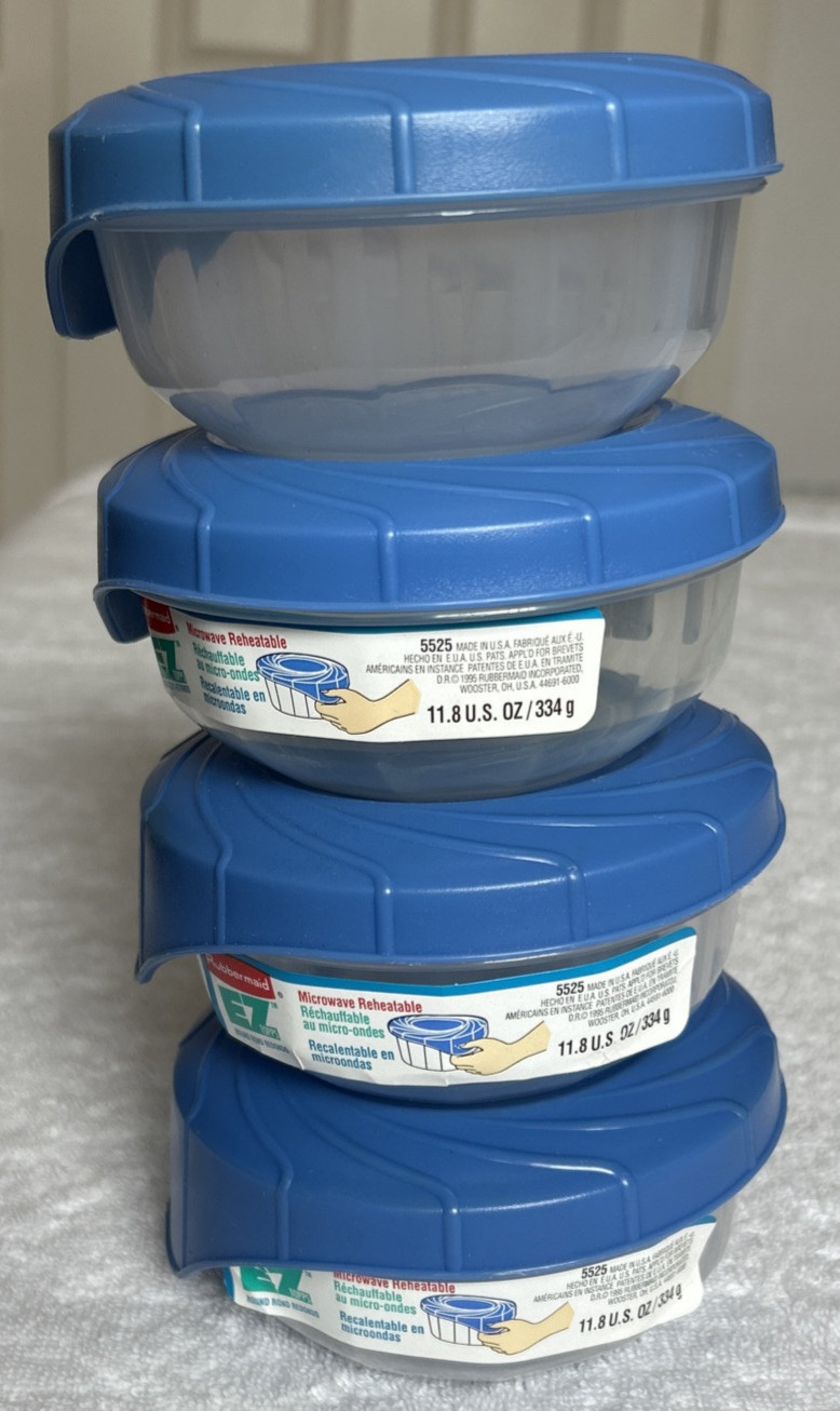 Set 4 1995 Rubbermaid Servin Saver EZ Topps BLUE Round Container 11.8 oz NEW HTF