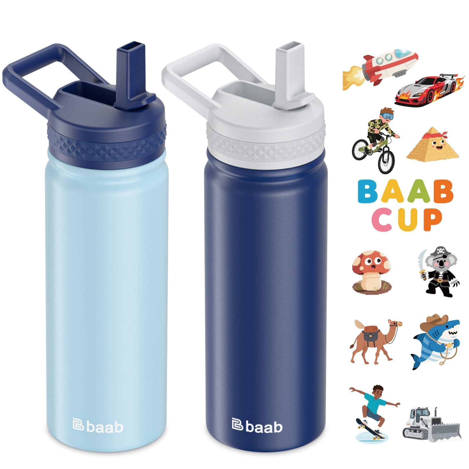 baab 18oz Kids Water Bottle, Insulated Water Bottle with Straw & Stickers, 18/8