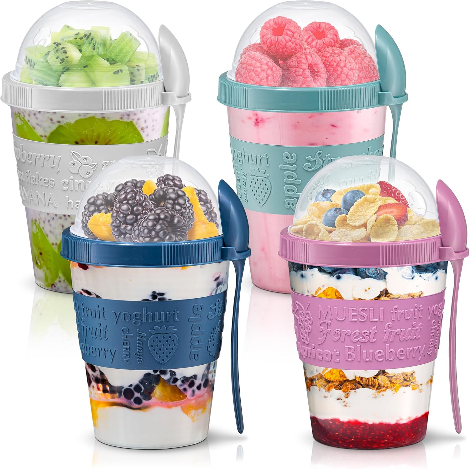 4 Pack – on the Go Yogurt Parfait Cups with Lids, Topping Compartment & Spoon, Y